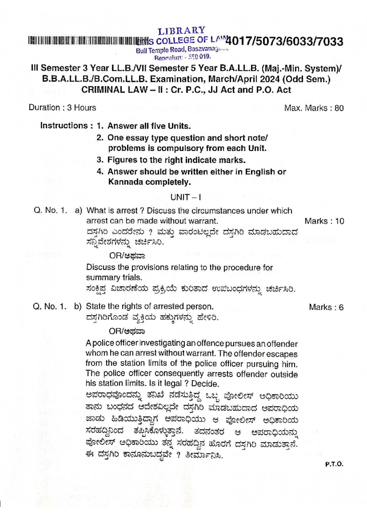 March 2024 - Question paper - LIBRARY COLLEGE OF Bull Temple Road ...