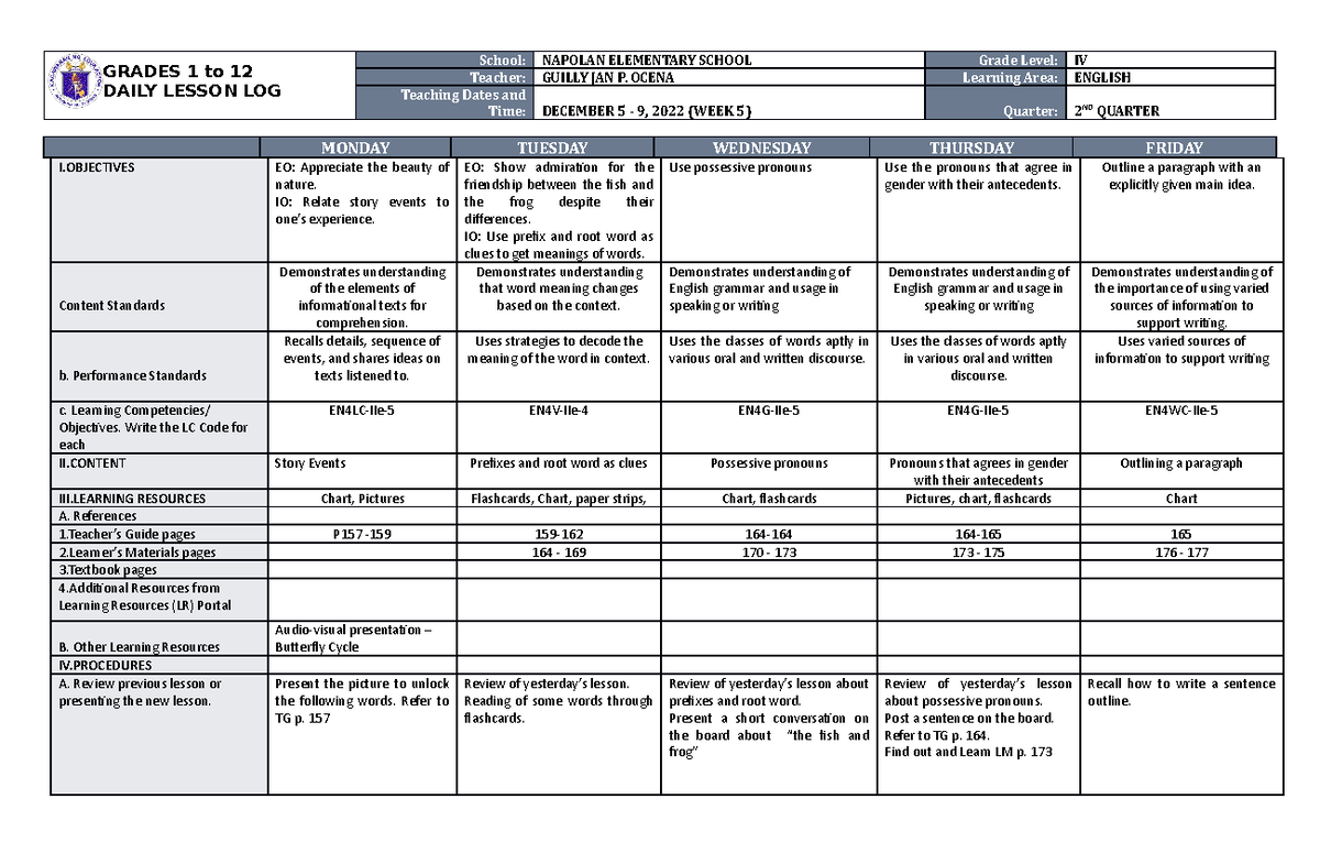 DLL English 4 Q2 W5 - YESSSS - GRADES 1 to 12 DAILY LESSON LOG School ...