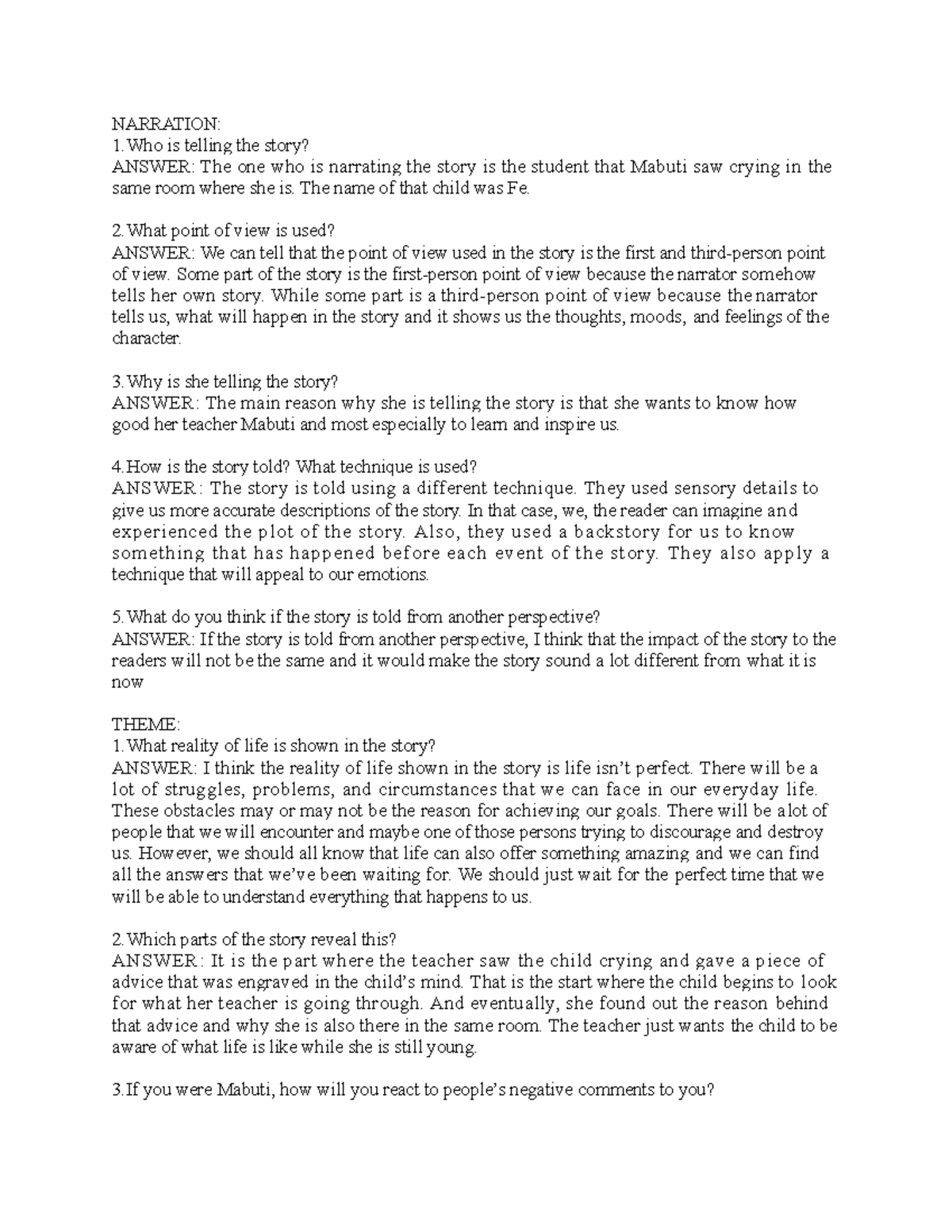 Si mabait Answers in the questions NARRATION 1 is telling the