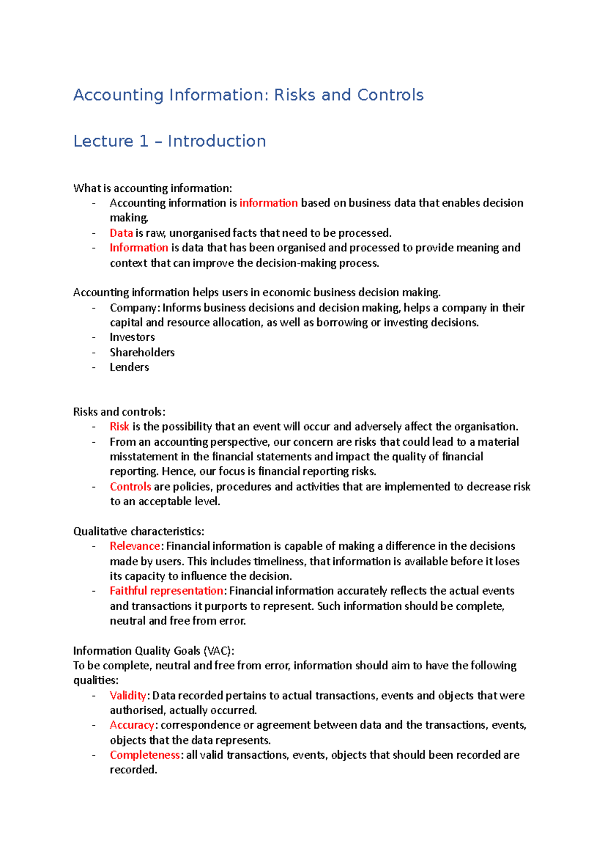 Lecture 1 - Accounting Information: Risks And Controls Lecture 1 ...