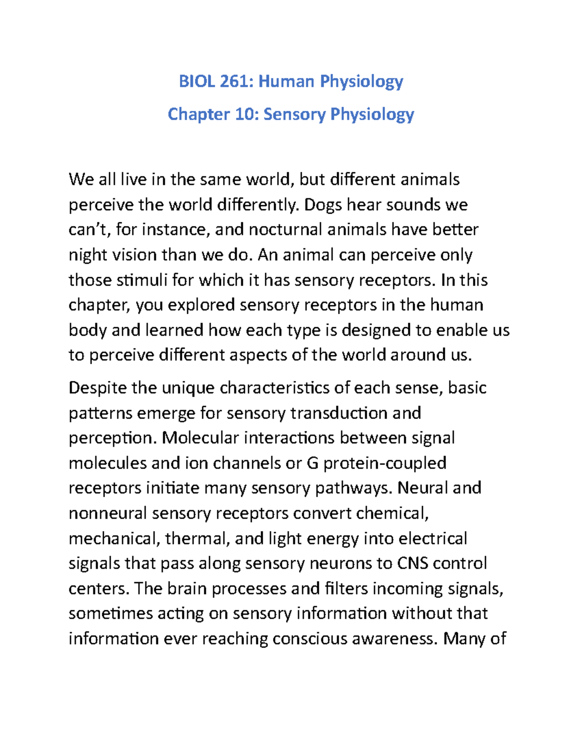 Physiology Chapter 10 (Notes) - BIOL 261: Human Physiology Chapter 10 ...