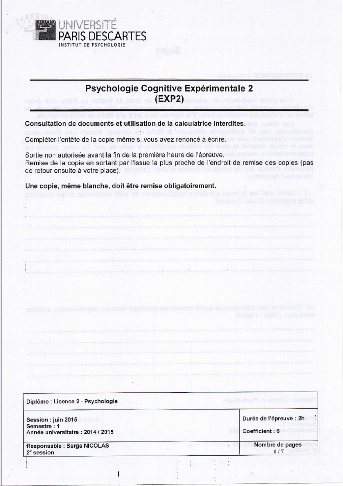 Examen Psychologie Expérimental 2 juin 2015 Studocu