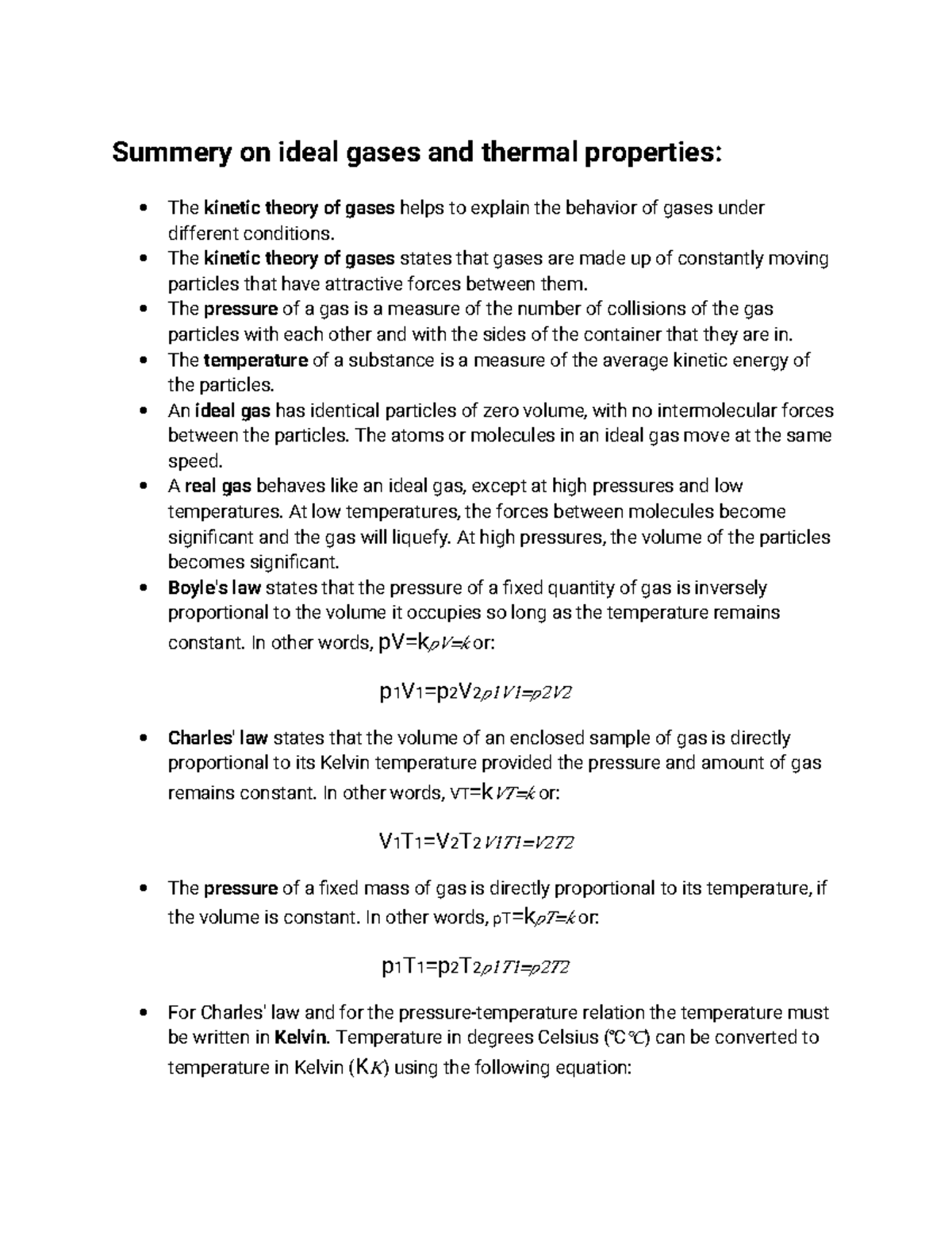 Summery on ideal gases and thermal properties - The kinetic theory of ...