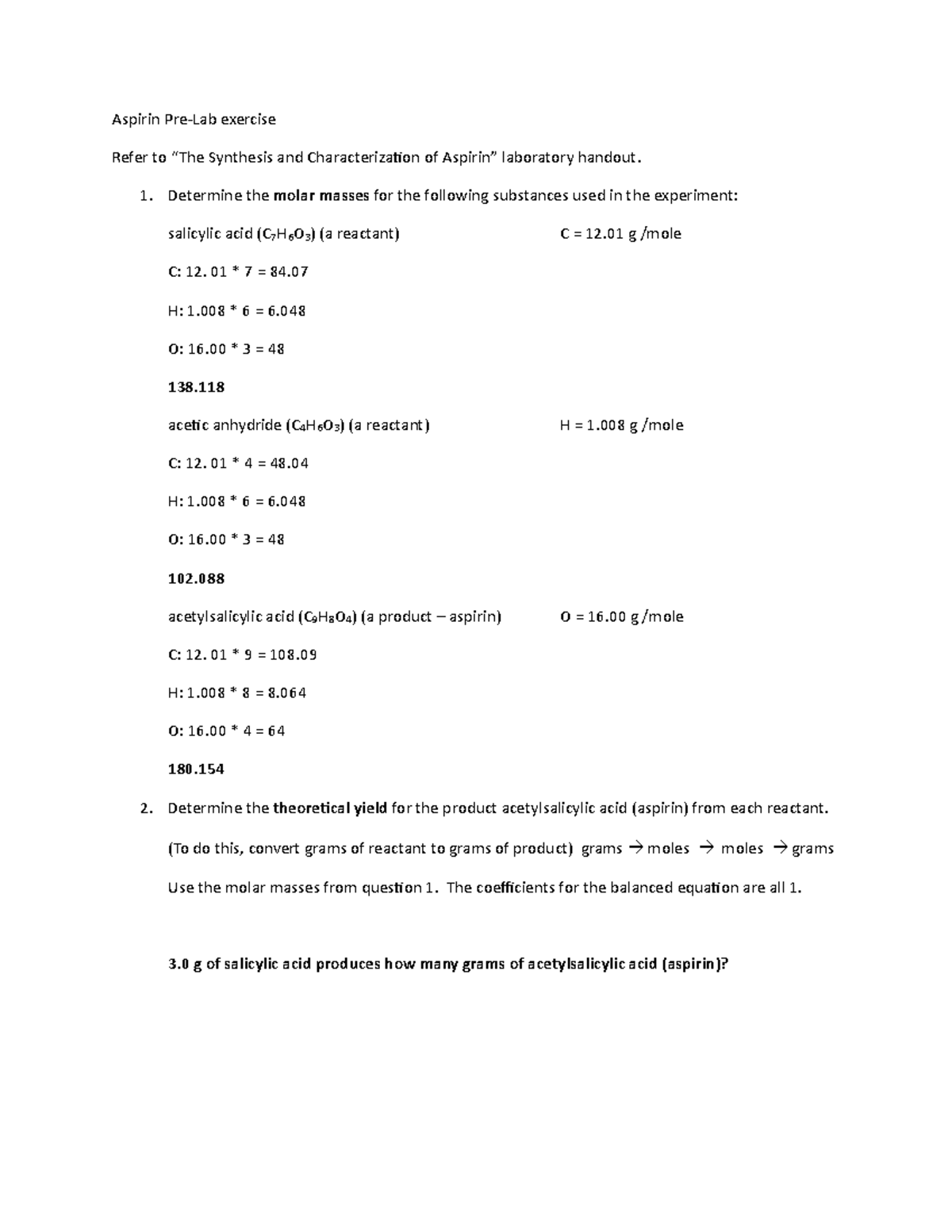 Aspirin Synthesis prelab - Aspirin Pre-Lab exercise Refer to “The ...