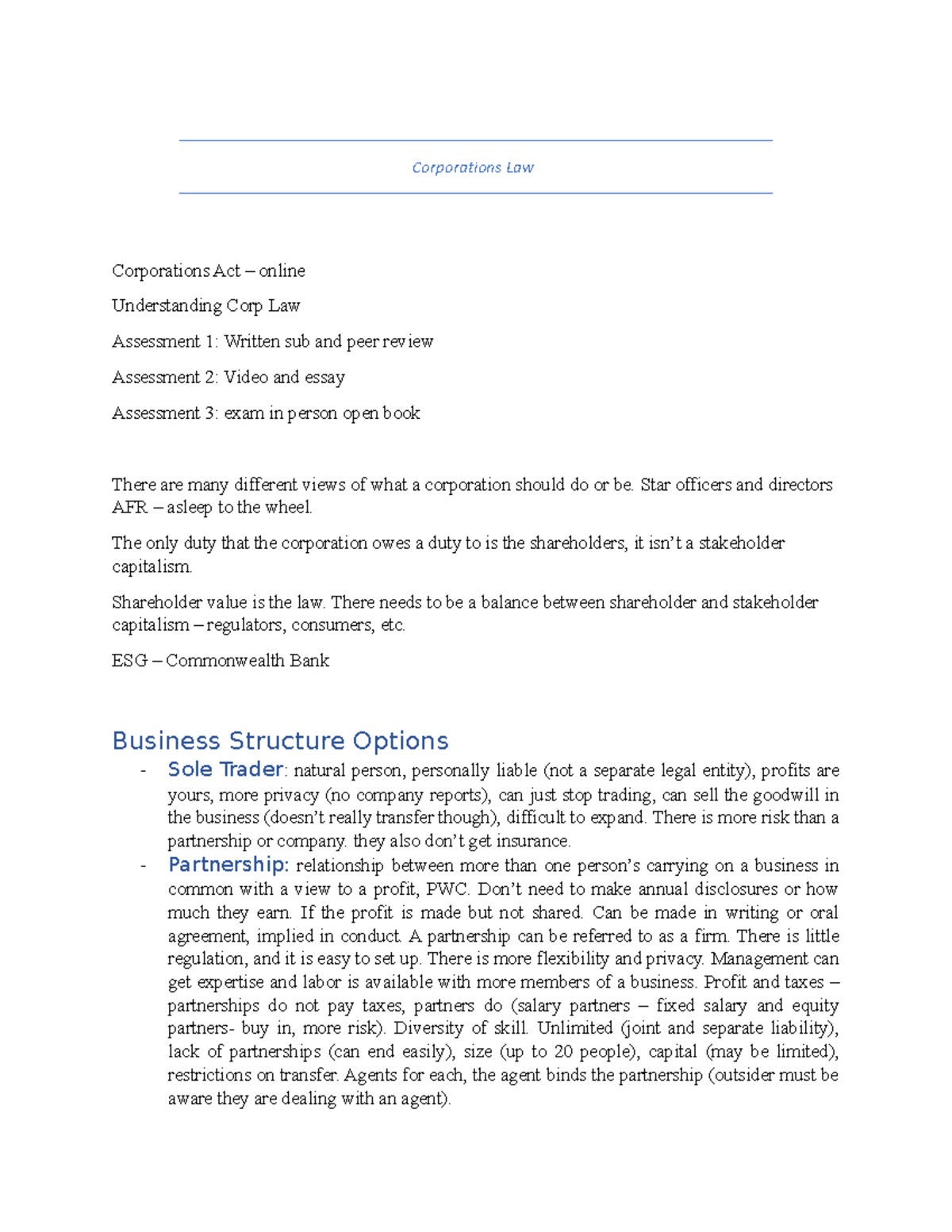 Corp Law notes - For whole unit - Corporations Law Corporations Act ...
