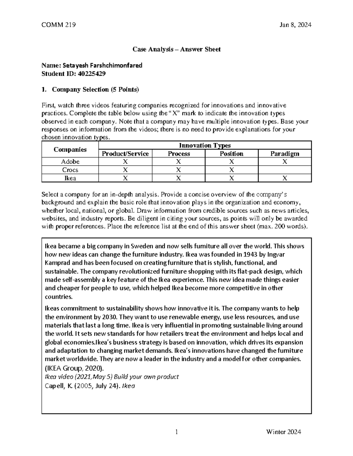 01 Case Analysis Answer Sheet ref - Case Analysis – Answer Sheet Name ...