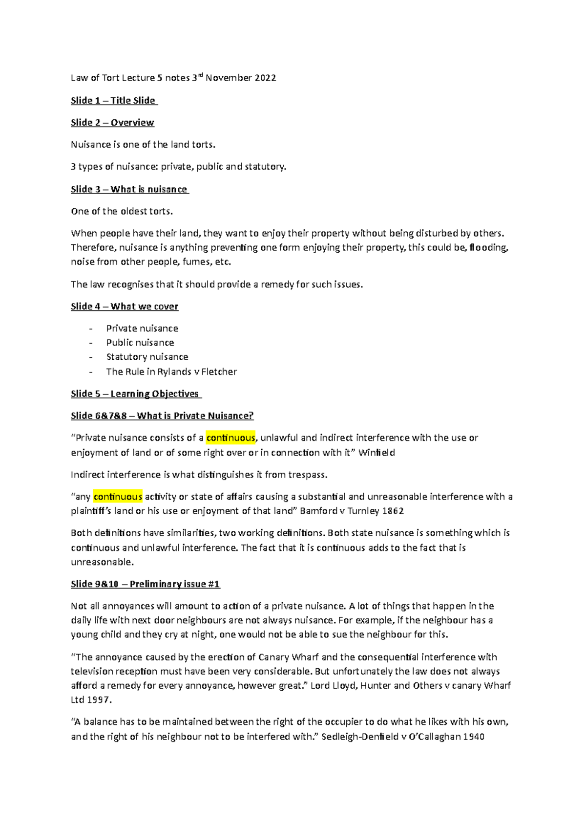 Law of Tort Lecture 5 notes 3rd November 2022 - Law of Tort Lecture 5 ...