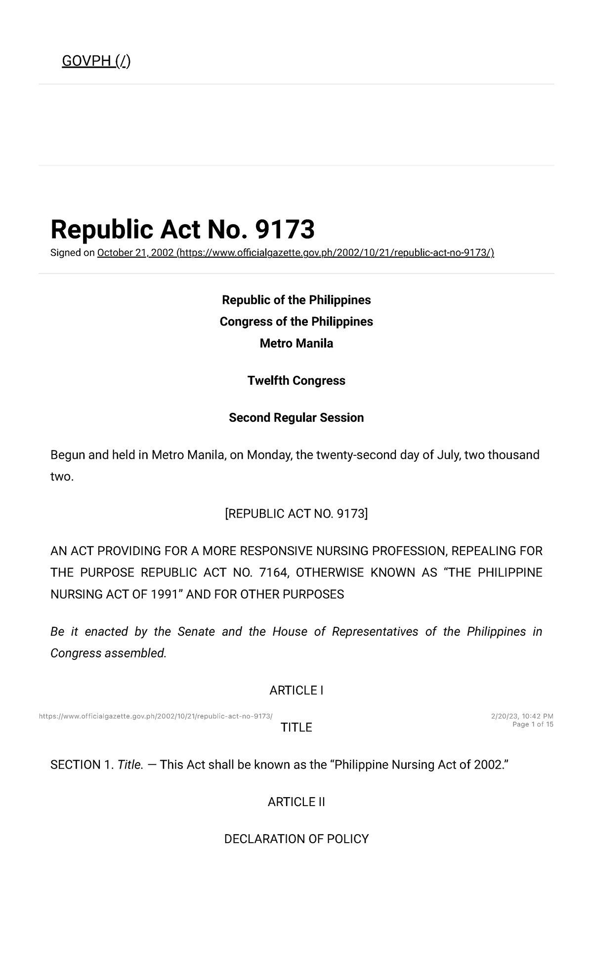 Republic Act No. 9173 Official Gazette of the Republic of the ...