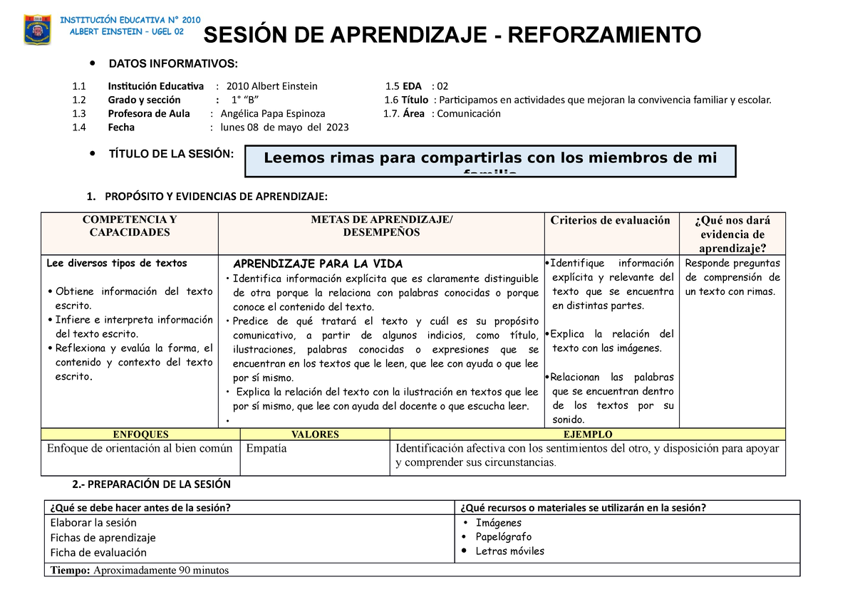 Sesion Leemos Rimas - Lectura - SESIÓN DE APRENDIZAJE - REFORZAMIENTO ...