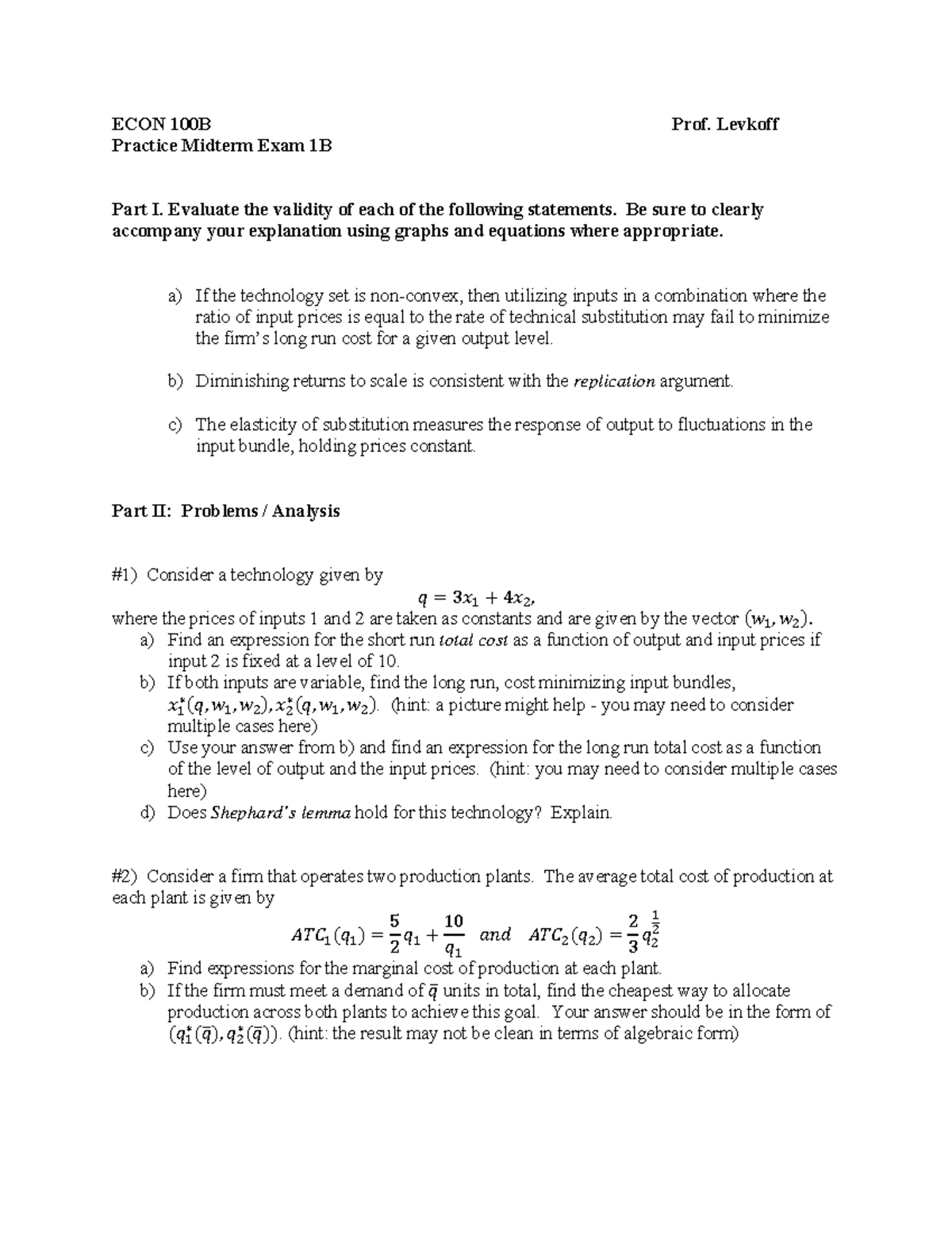 Practice Midterm Exam 1B - ECON 100B Prof. Levkoff Practice Midterm ...