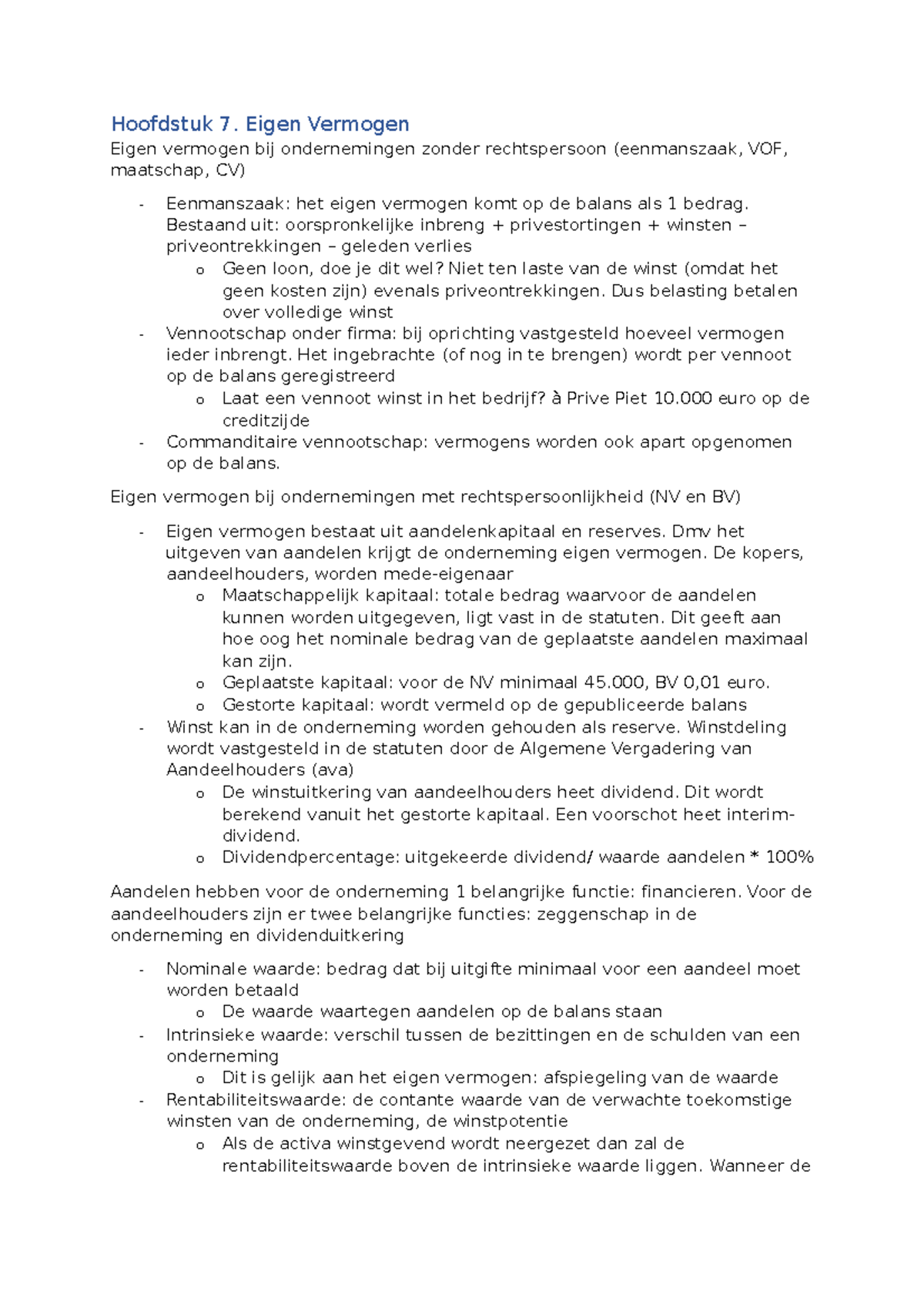 Samenvatting MC Tentamen - Bedrijfseconomie Boek - Hoofdstuk 7. Eigen ...