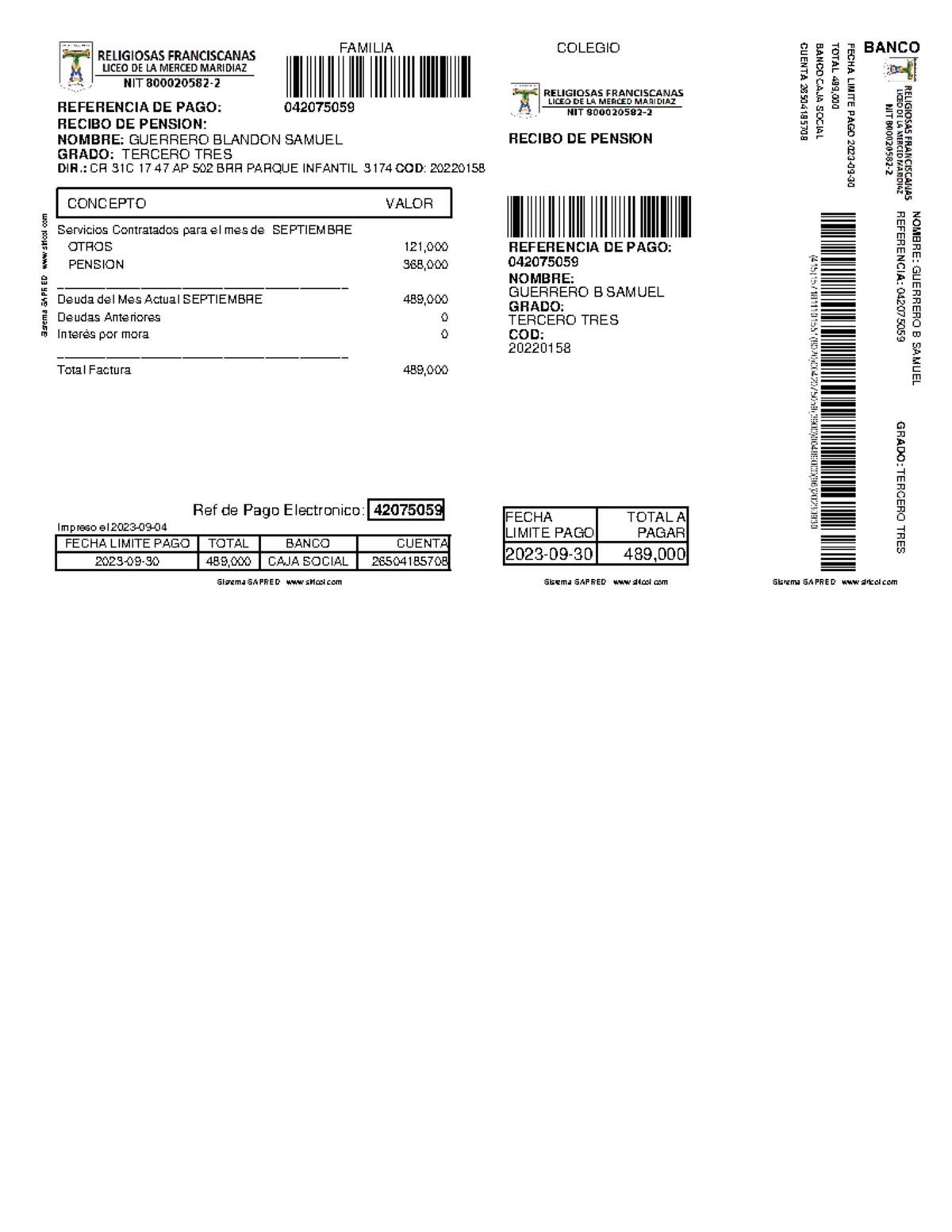 Recibo Pension Septiembre 2023 RECIBO DE PENSION RECIBO DE PENSION