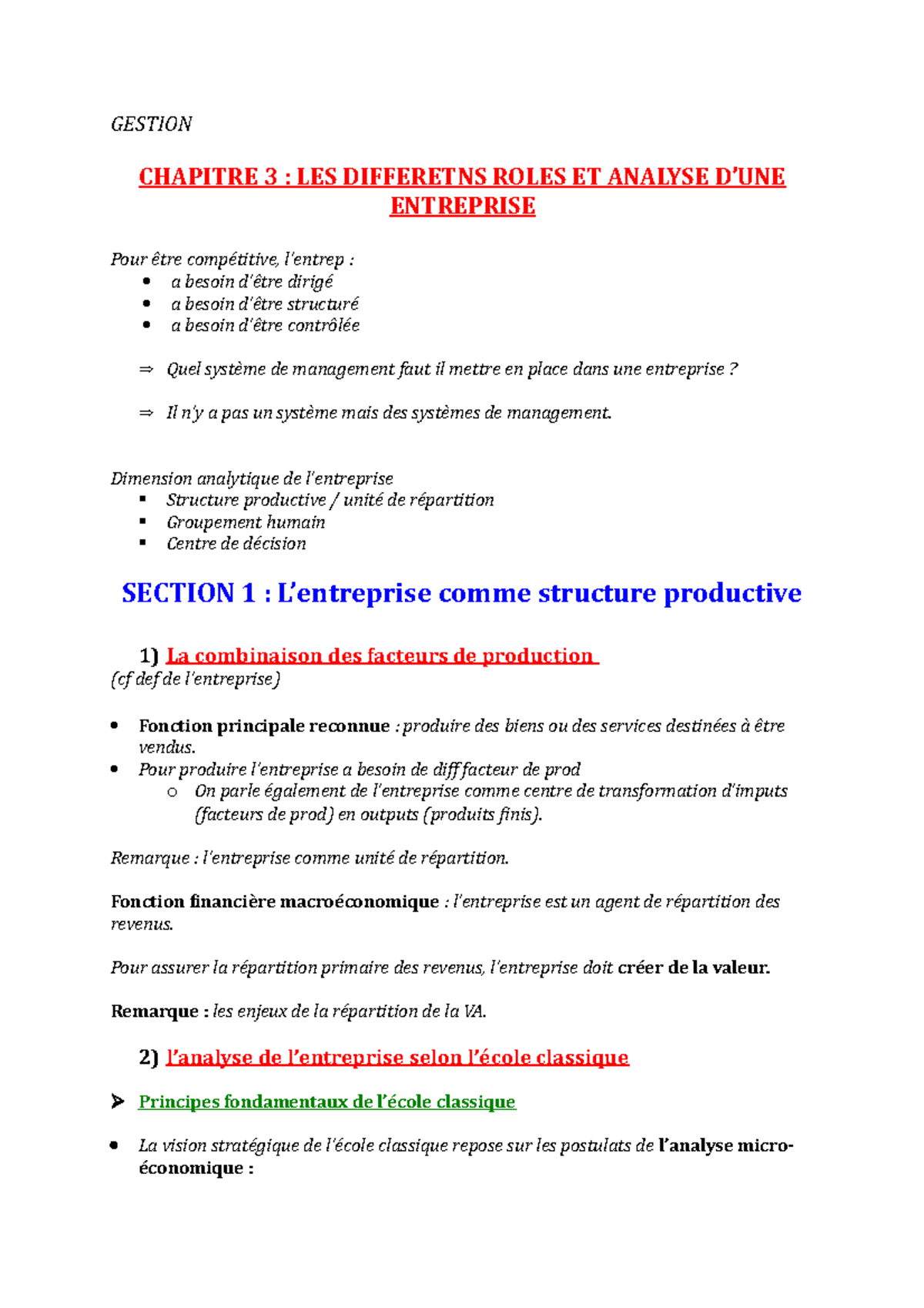 Gestion Chapitre Notes De Cours Gestion Chapitre Les