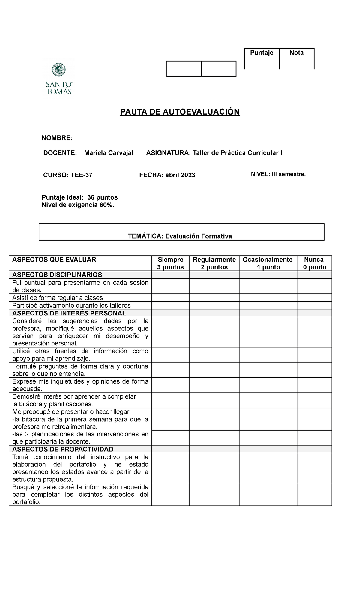 Pauta DE Autoevaluaciã“N DEL Taller - PAUTA DE AUTOEVALUACIÓN NOMBRE ...