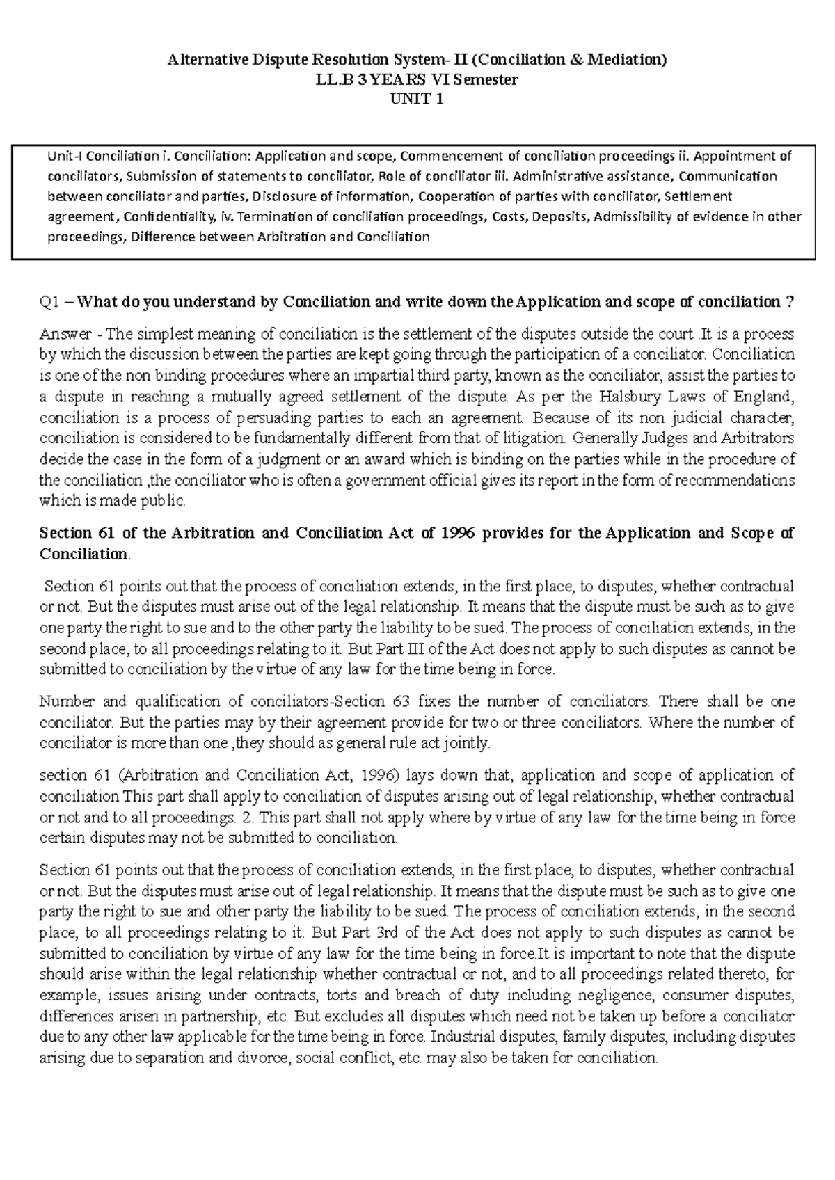 Adr Summary Alternative Dispute Resolution Ll 3 Years Vi Semester Unit 1 Unit I Conciliation Adr Summary Alternative Dispute Resolution Ll 3 Years Vi Semester Unit 1 Unit I Conciliation