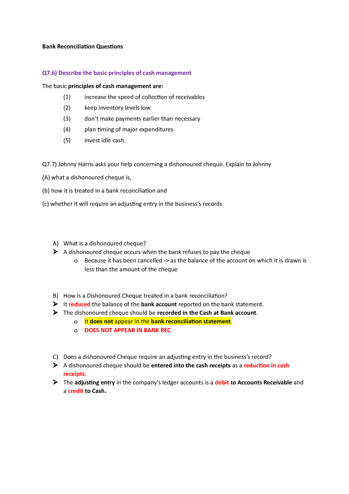 Bank Reconciliation Questions Studocu