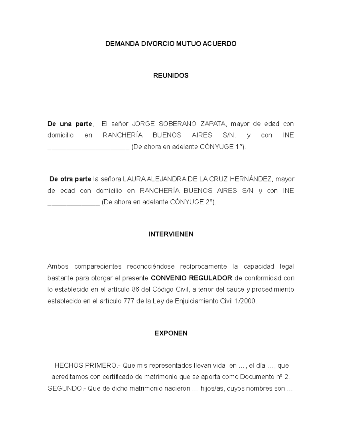 Demanda Separacion Mutuo Acuerdo Demanda Divorcio Mutuo Acuerdo