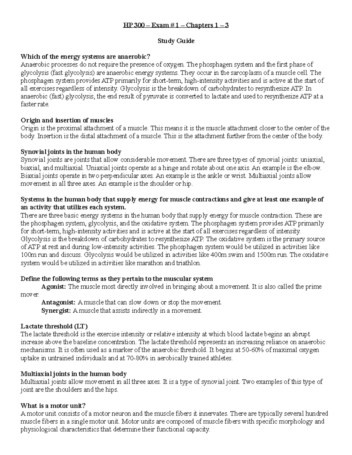 Strength Training Exam 1 Study Guide HP 300 Exam 1 Chapters 1