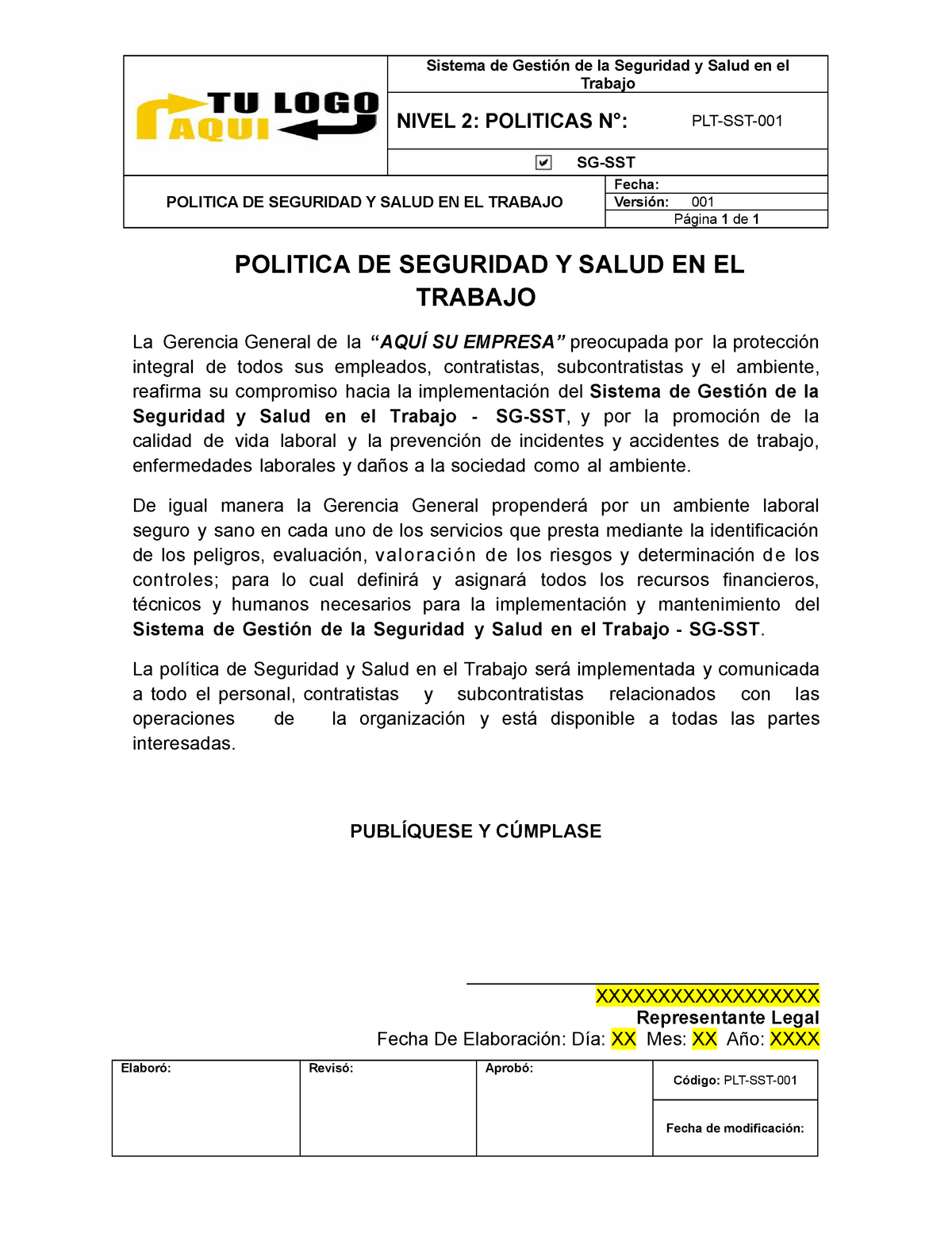 Plt Sst 001 Política De Seguridad Y Salud En El Trabajo Sistema De Gestión De La Seguridad Y 6234