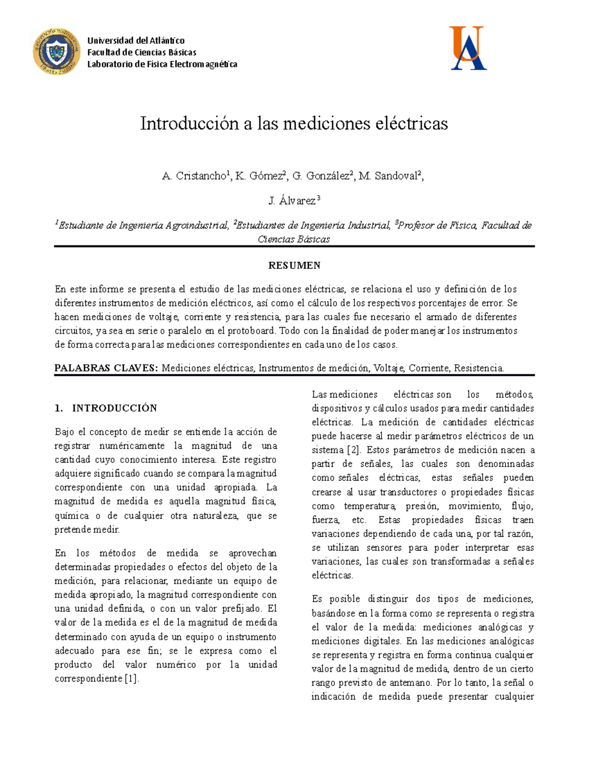 Informe LAB 1 Fisica - Nota: 4.5 - Facultad De Ciencias Básicas ...