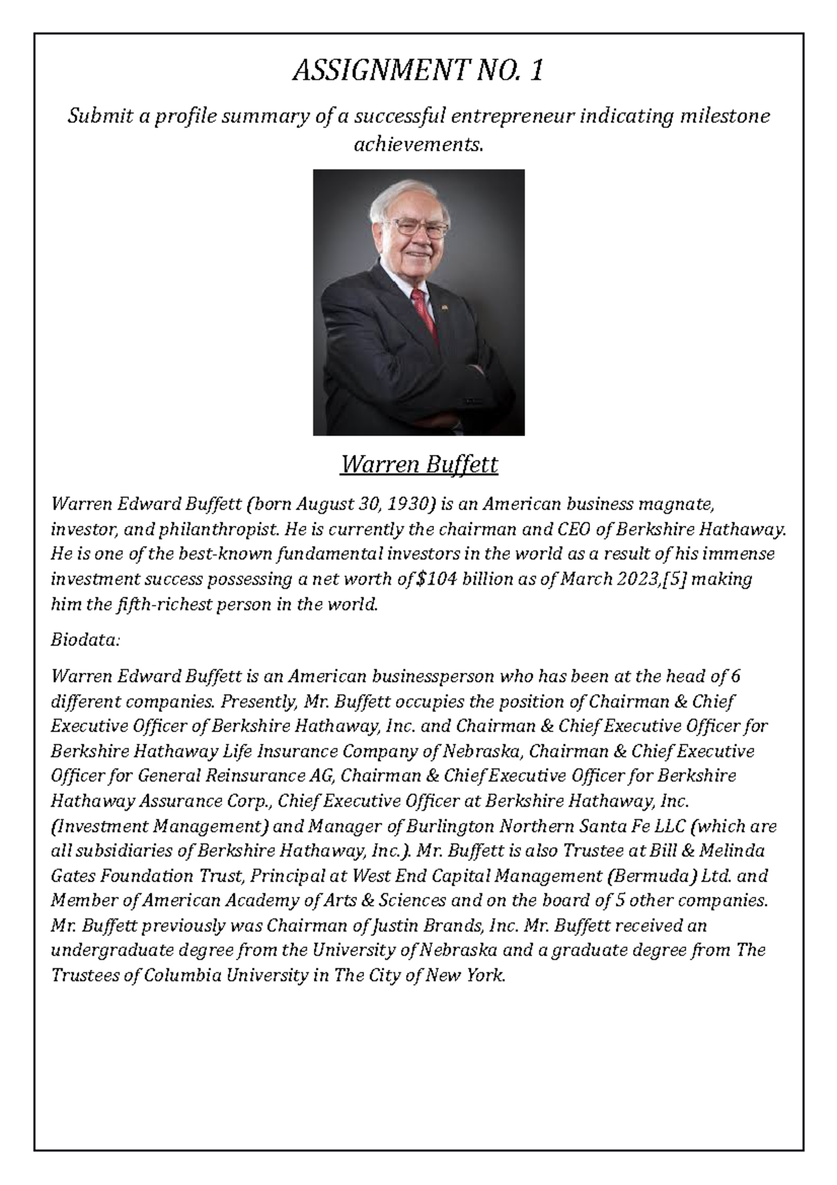 Assignment NO 1 EDE - ASSIGNMENT NO. 1 Submit a profile summary of a ...