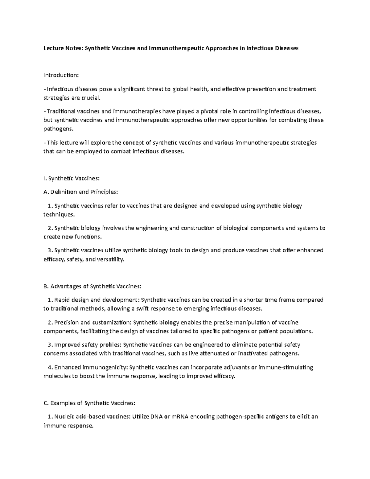 Lecture Notes: Synthetic Vaccines and Immunotherapeutic Approaches in ...