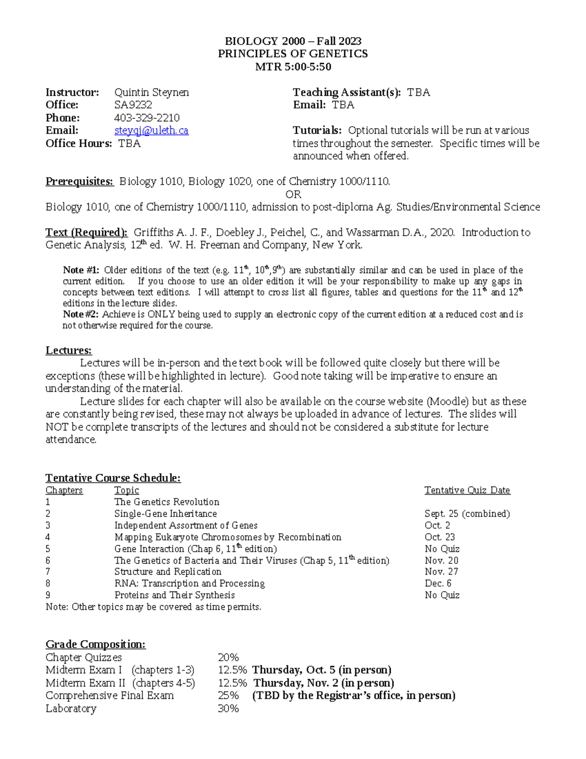 F23 Bio2000 syllabus - BIOLOGY 2000 – Fall 2023 PRINCIPLES OF GENETICS ...