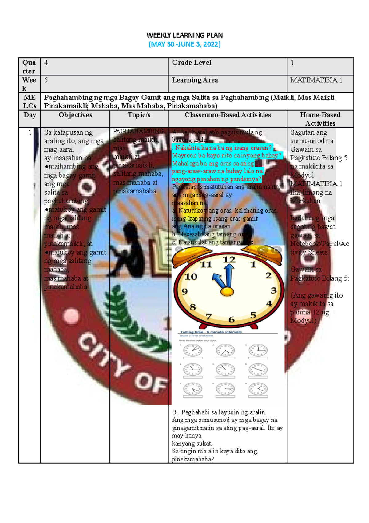 WLP Q4 WEEK5 - Weekly Learning Plan Is An Outline Of Home-based ...