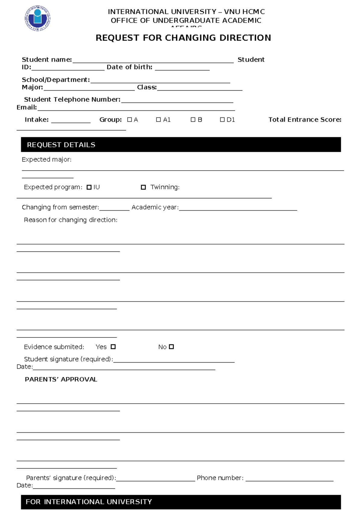 Changing Direction IU - all - REQUEST FOR CHANGING DIRECTION Student ...