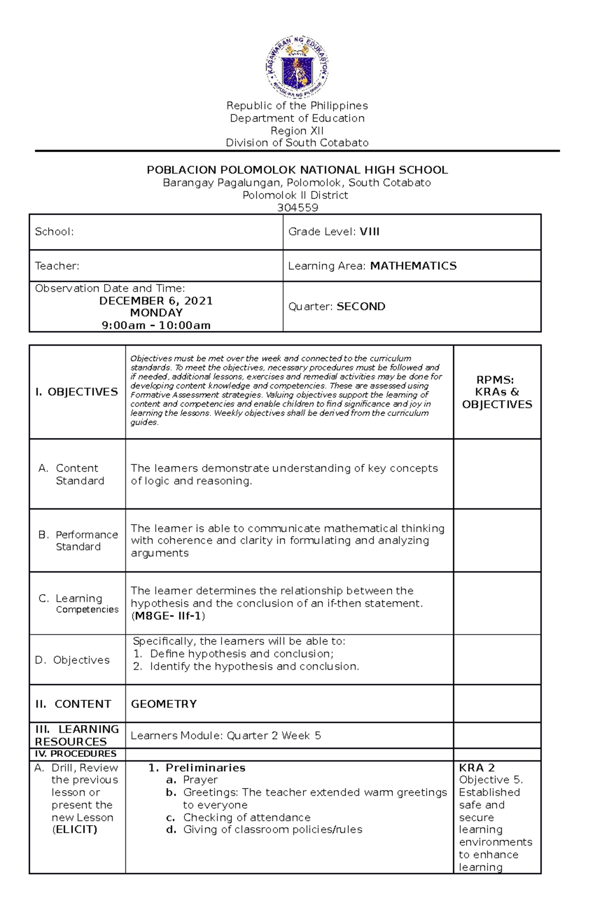 Math 8 lesson plan - Republic of the Philippines Department of ...