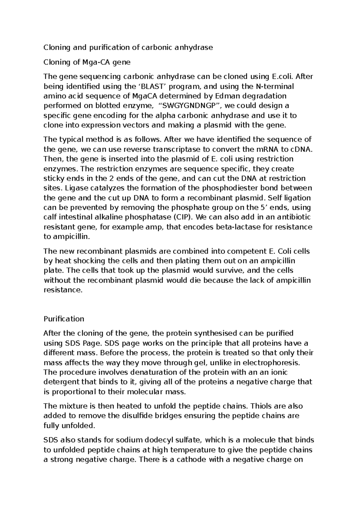 tutorial 8 essay - Cloning and purification of carbonic anhydrase ...