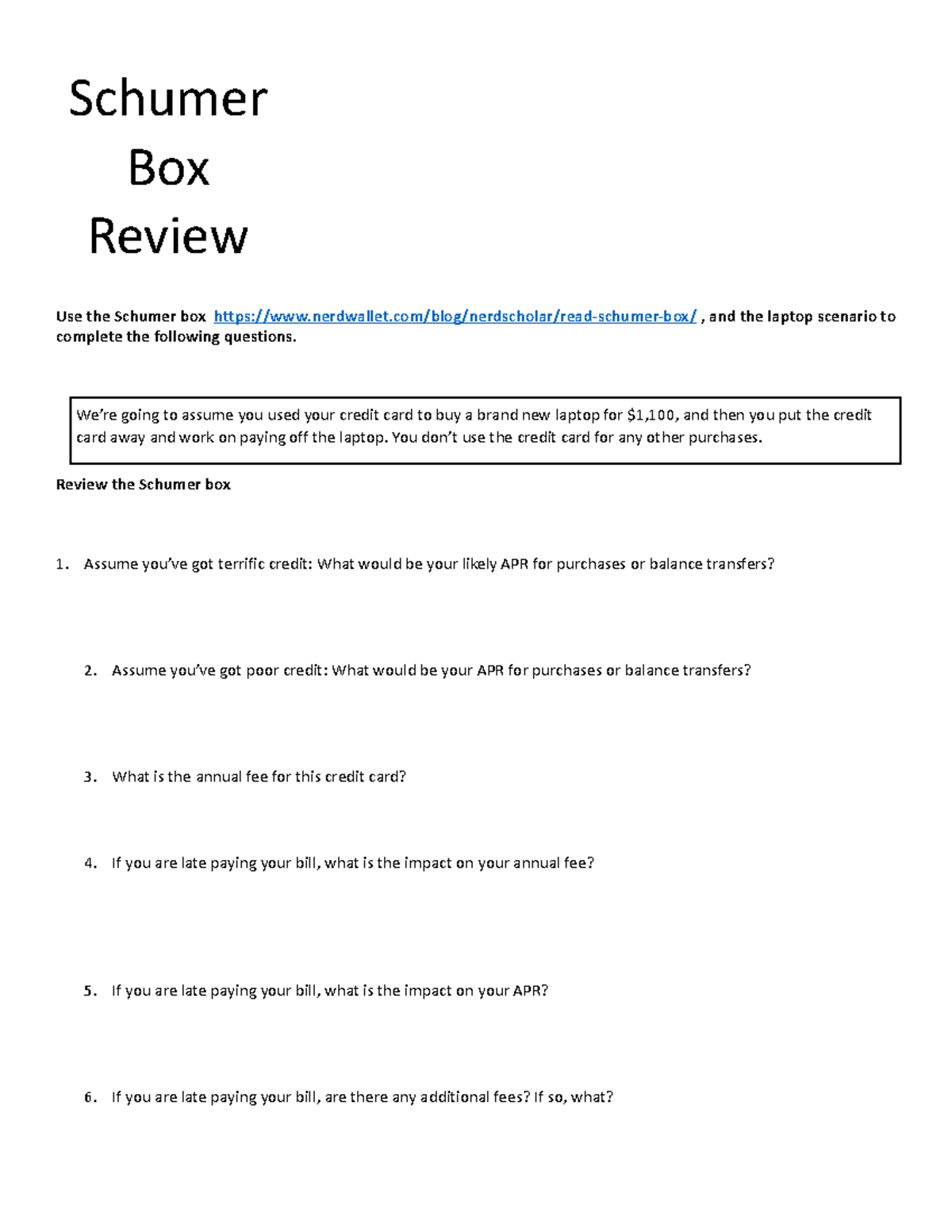 Use the schumer box worksheet part 1 Use the Schumer box Studocu