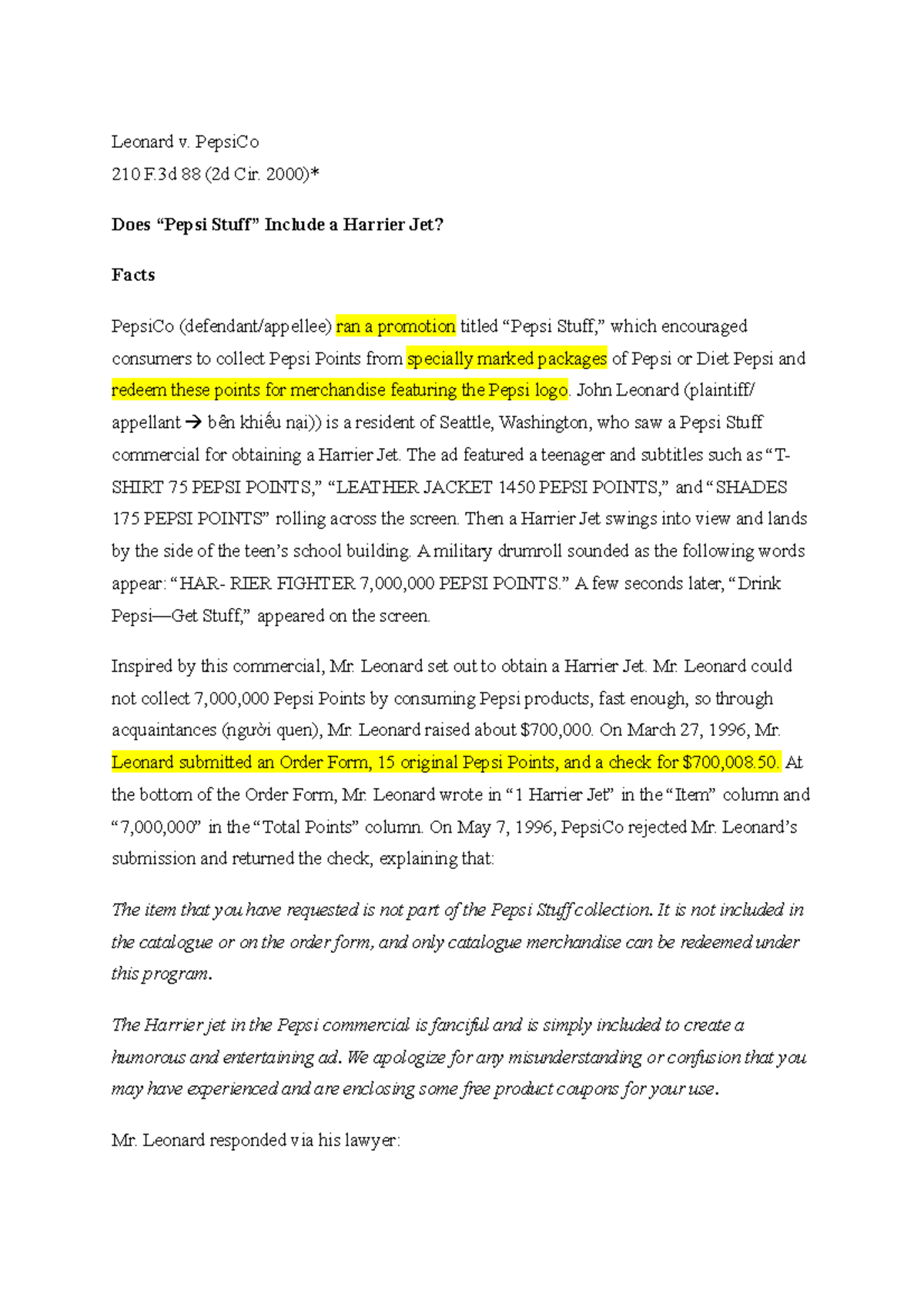 Case number 4 - Case study - Leonard v. PepsiCo 210 F 88 (2d Cir. 2000 ...