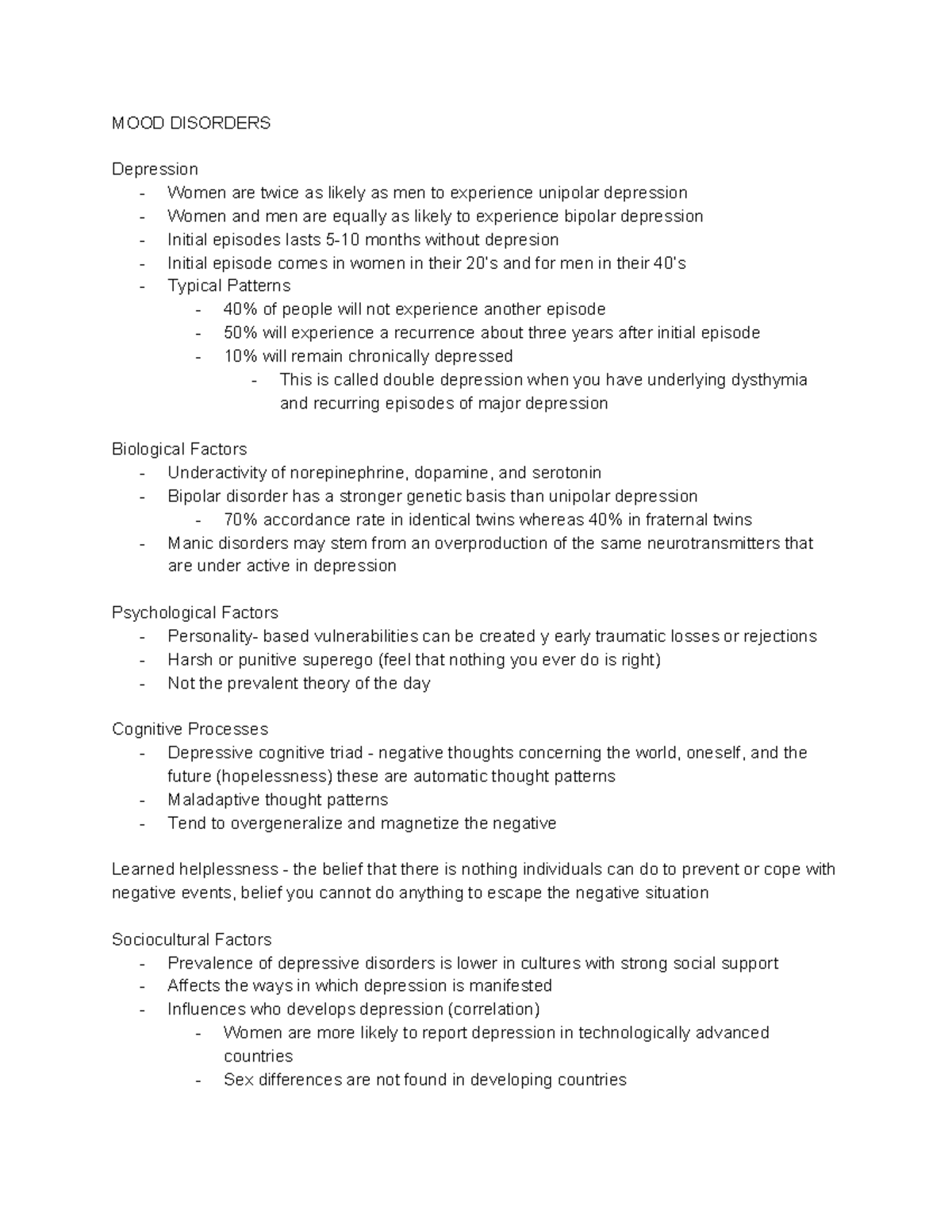 11 30 Class Notes - MOOD DISORDERS Depression - Women are twice as ...