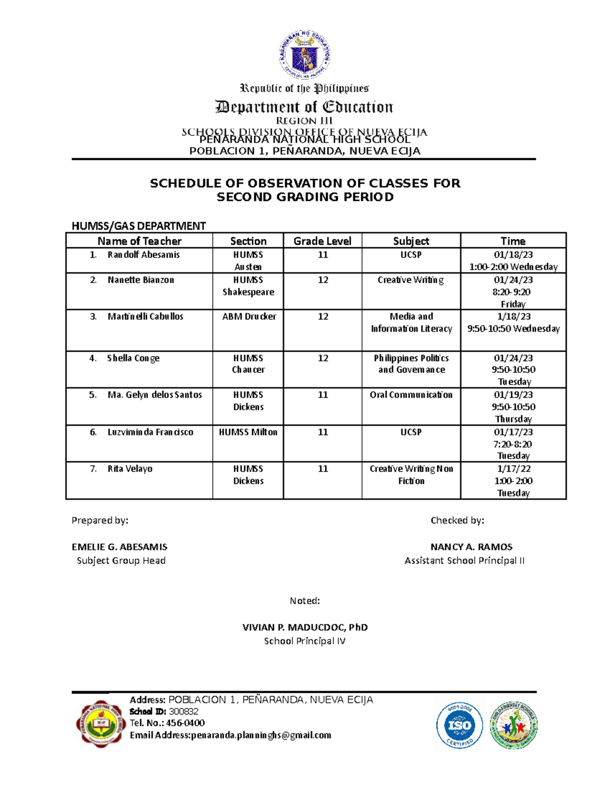 For observation-second-grading-schedule - PEÑARANDA NATIONAL HIGH ...