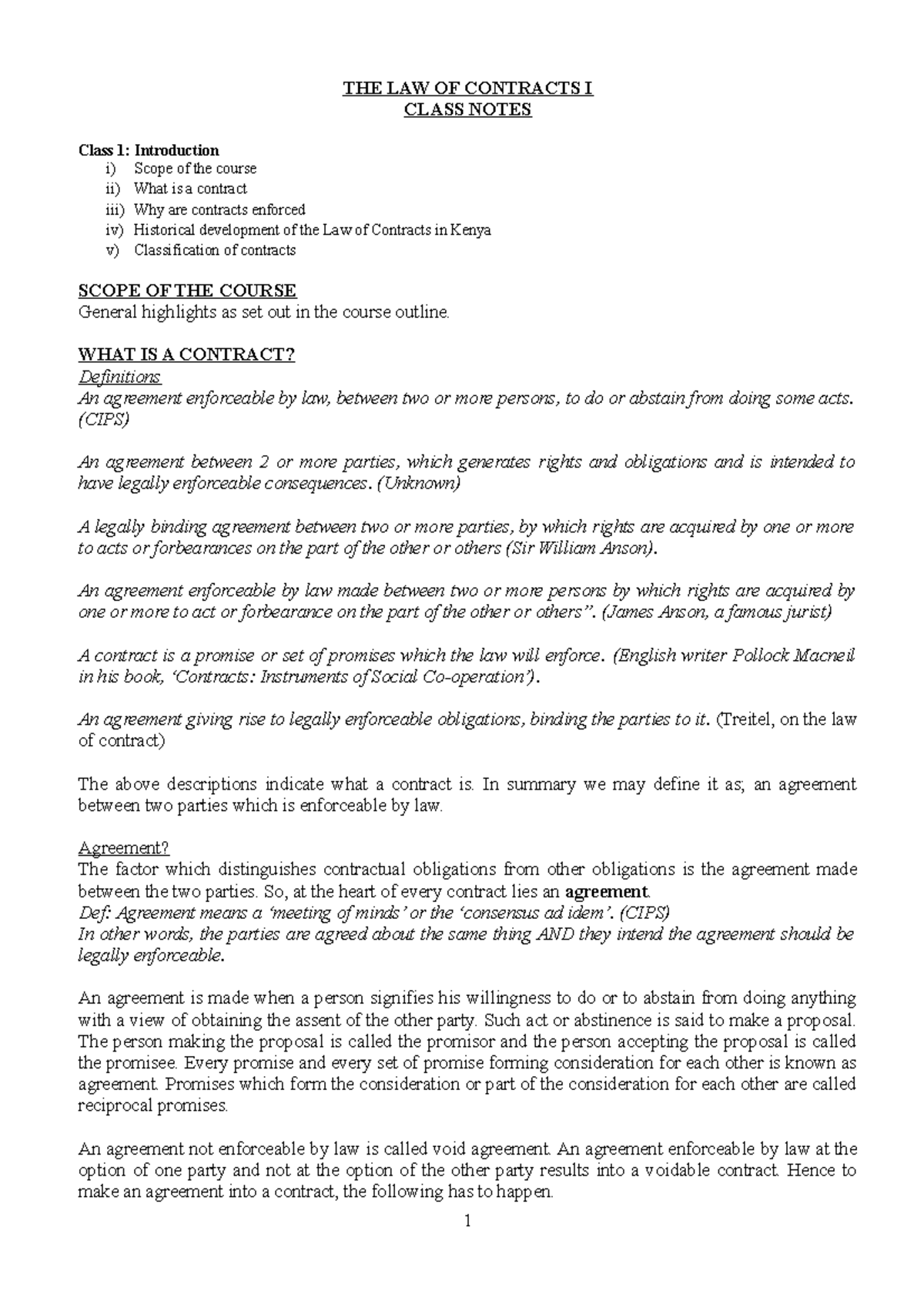 Law of Contracts Very well edited notes THE LAW OF CONTRACTS I