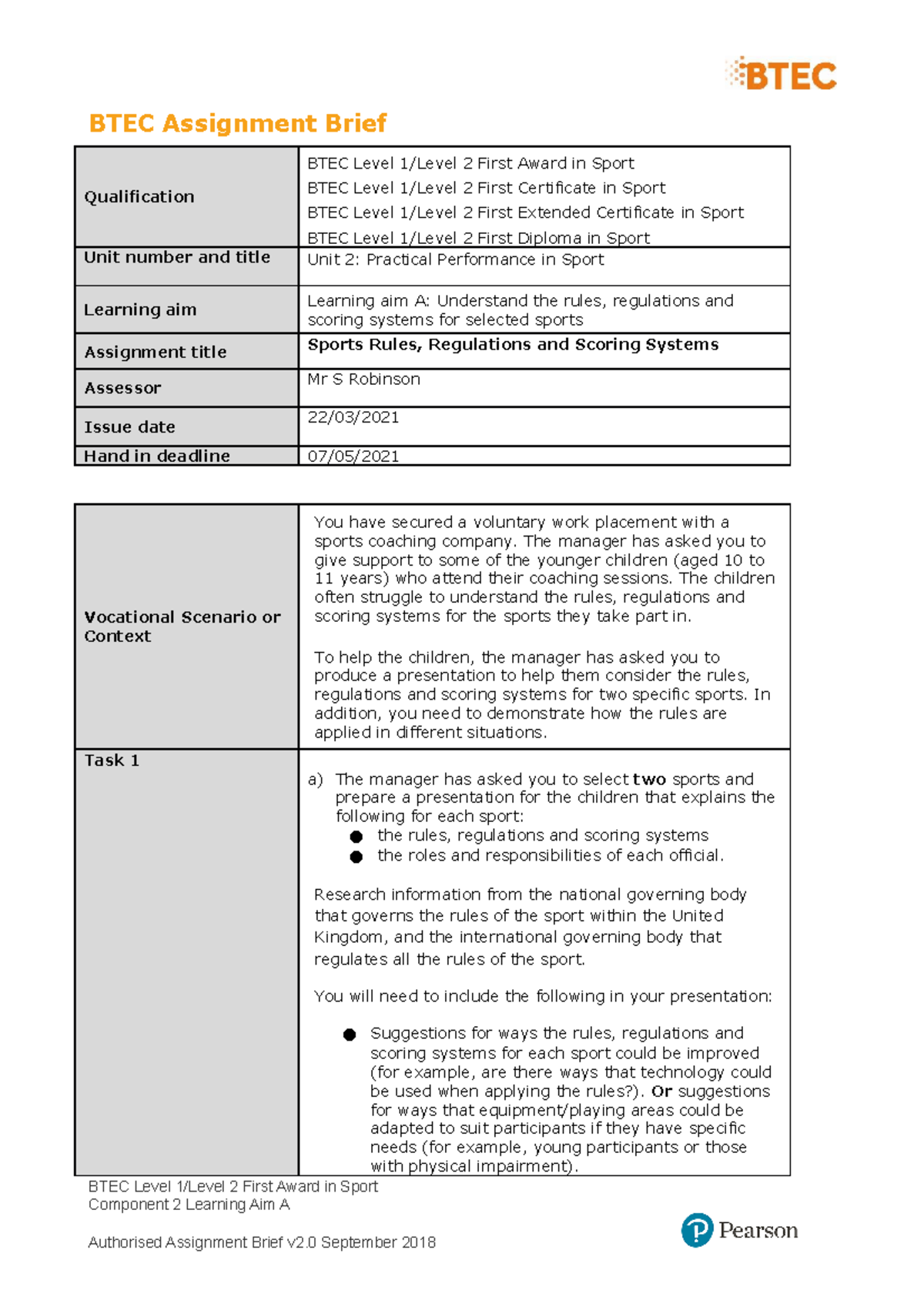 Unit 2 - AAB for Learning aim A - Practical Performance in Sport - BTEC ...