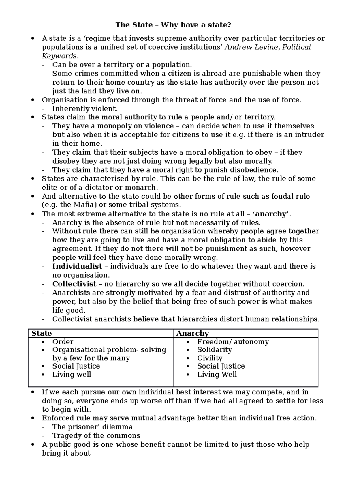 The State Lecture Notes 1 The State Why Have A State A State Is 