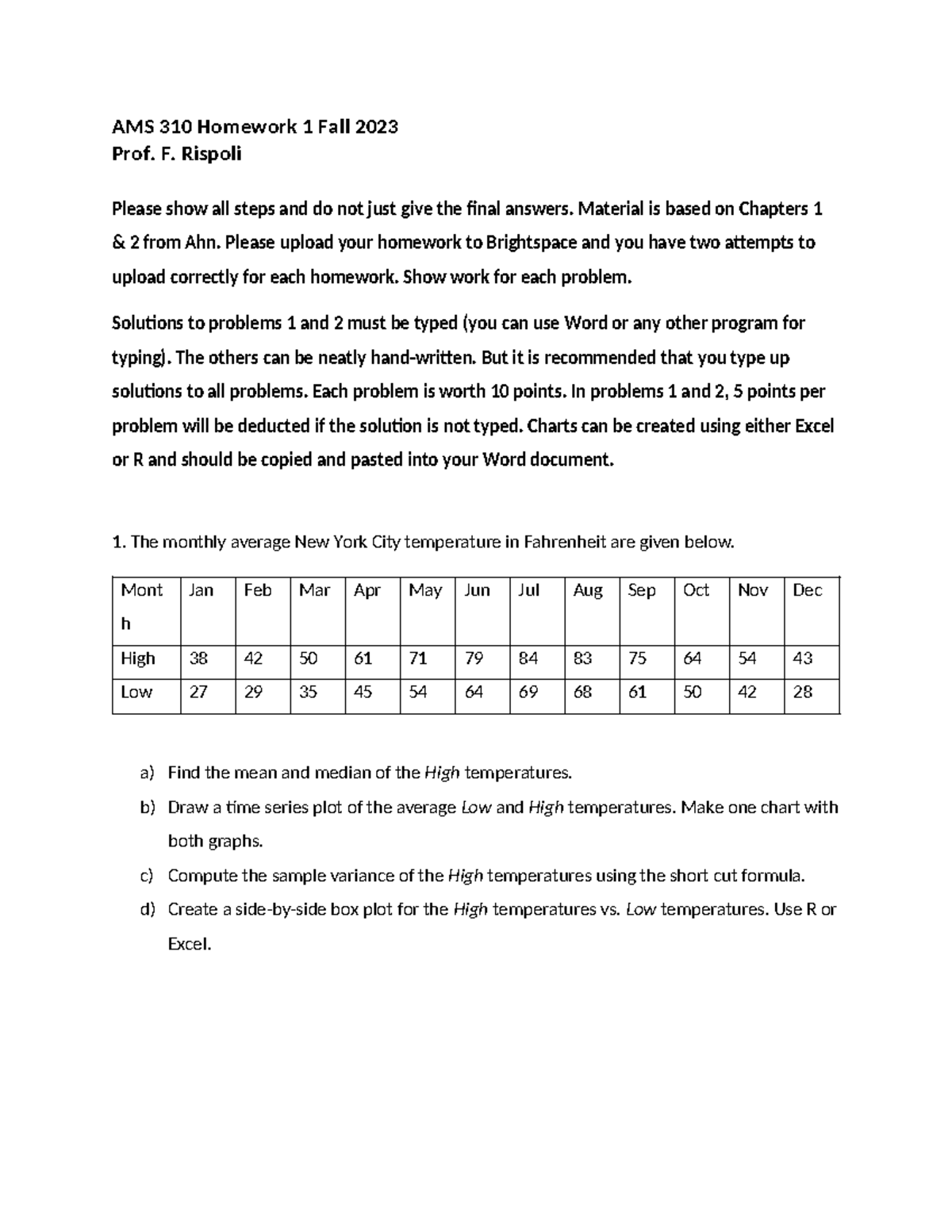 AMS 310 Fall 2023 HW 1 - hw for practice - AMS 310 Homework 1 Fall 2023 ...
