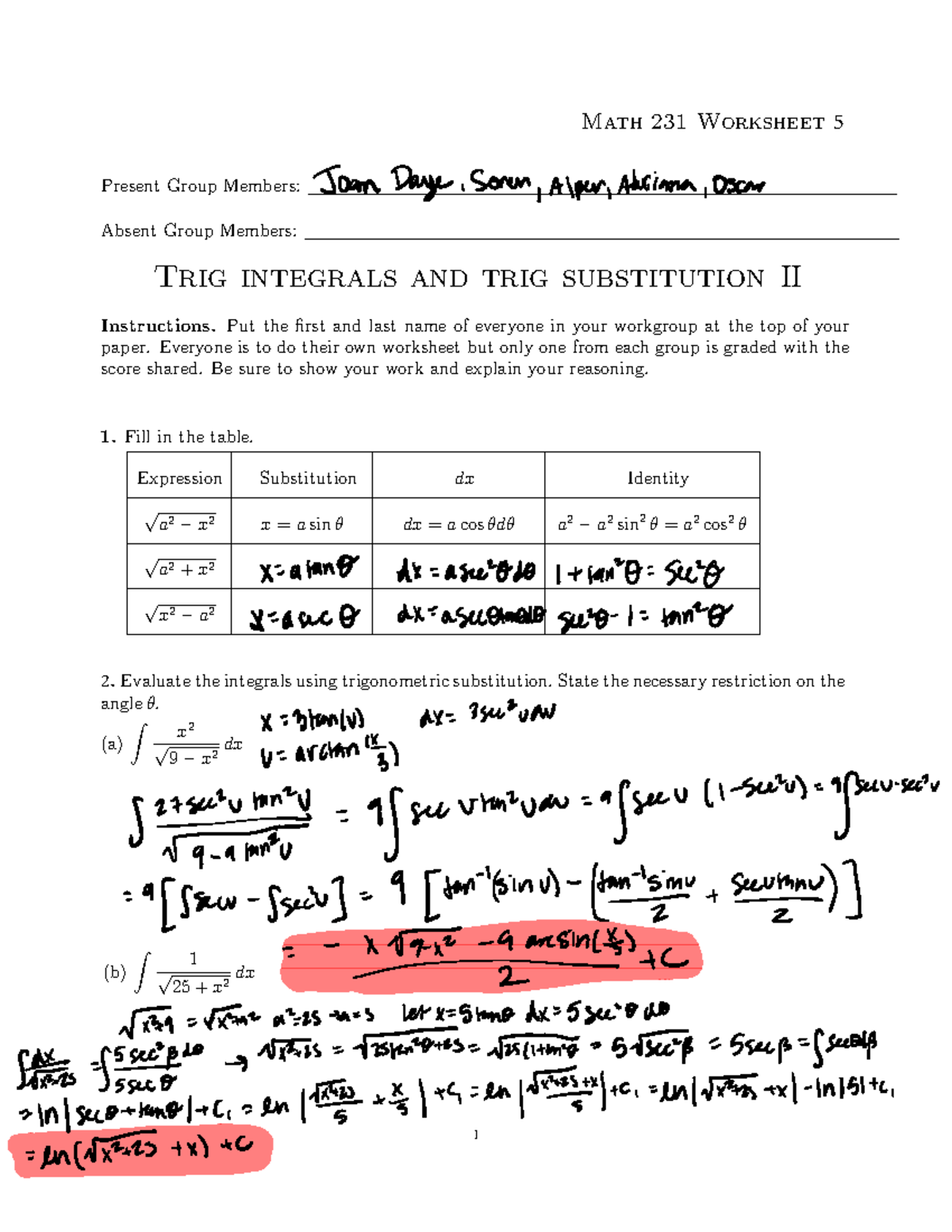 Worksheet 5 - Math 231 Worksheet Present Group Members: Absent Group ...