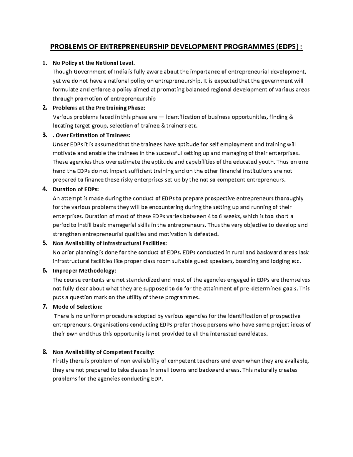 Problems OF Entrepreneurship Development Programmes (EDPS) - PROBLEMS ...