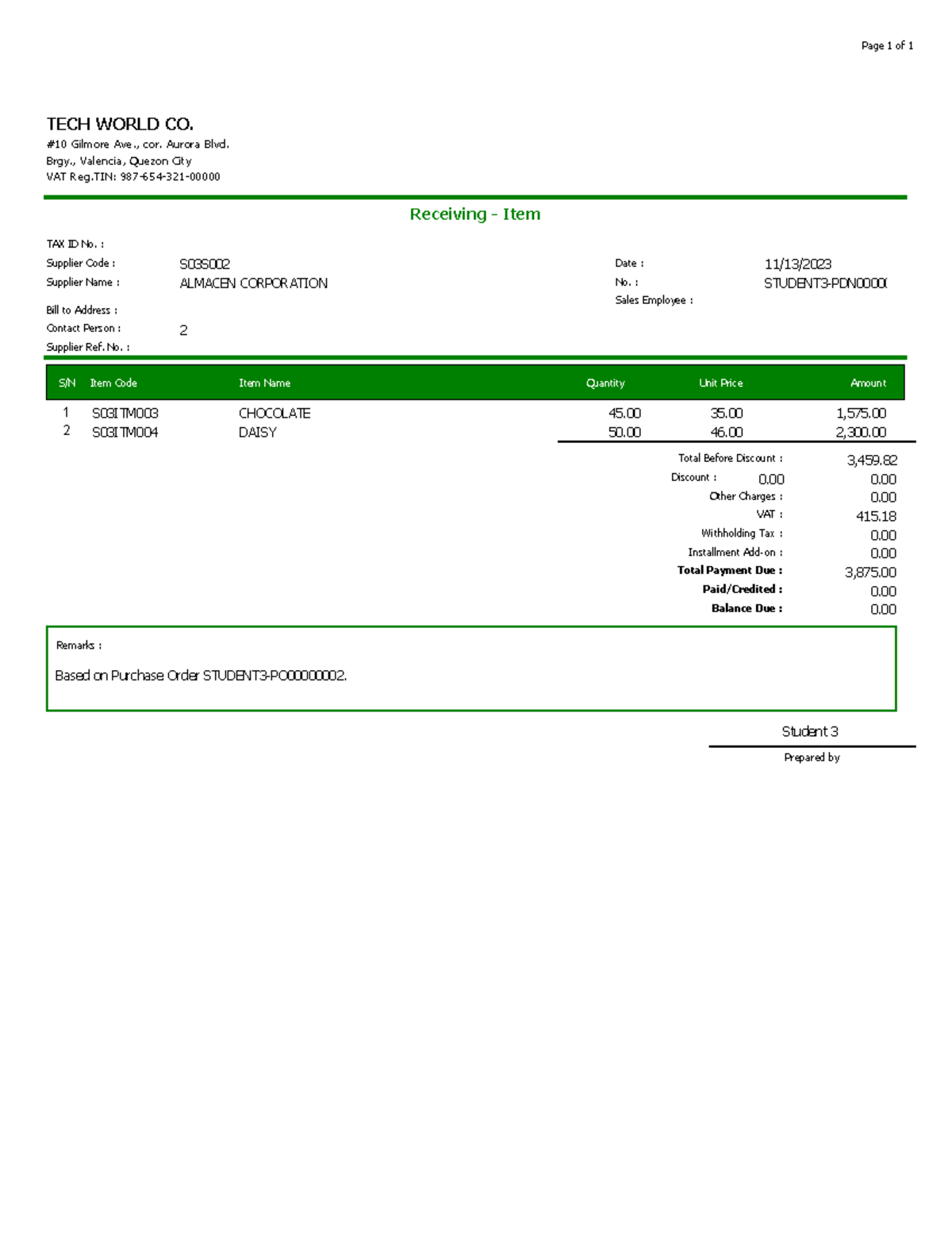 Receiving - Page 1 of 1 Receiving - Item Date : No. : Sales Employee ...