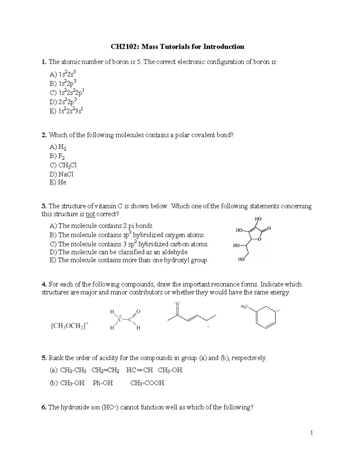 Chem Tutorial 1 - 1 CH2102: Mass Tutorials For Introduction 1. The ...