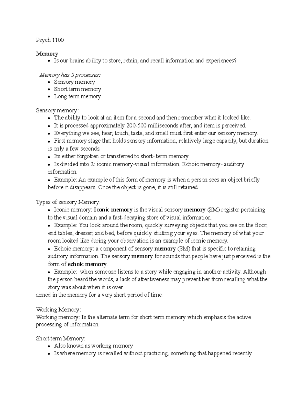 Psych 1100 - Lecture notes memory - Psych 1100 Memory Is our brains ...
