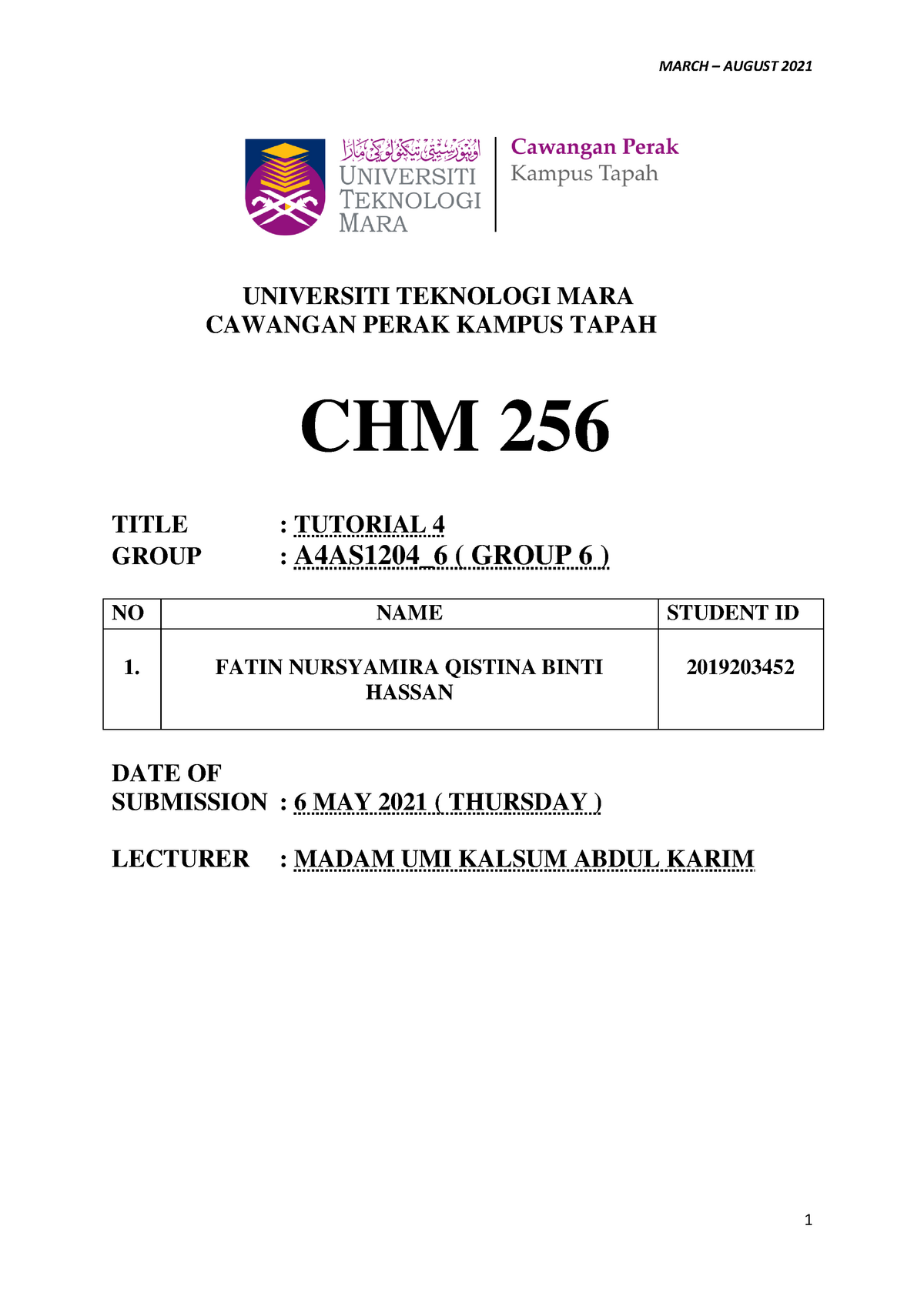 CHM256 Tutorial 4 Fatin Nursyamira Qistina Binti Hassan - Applied ...