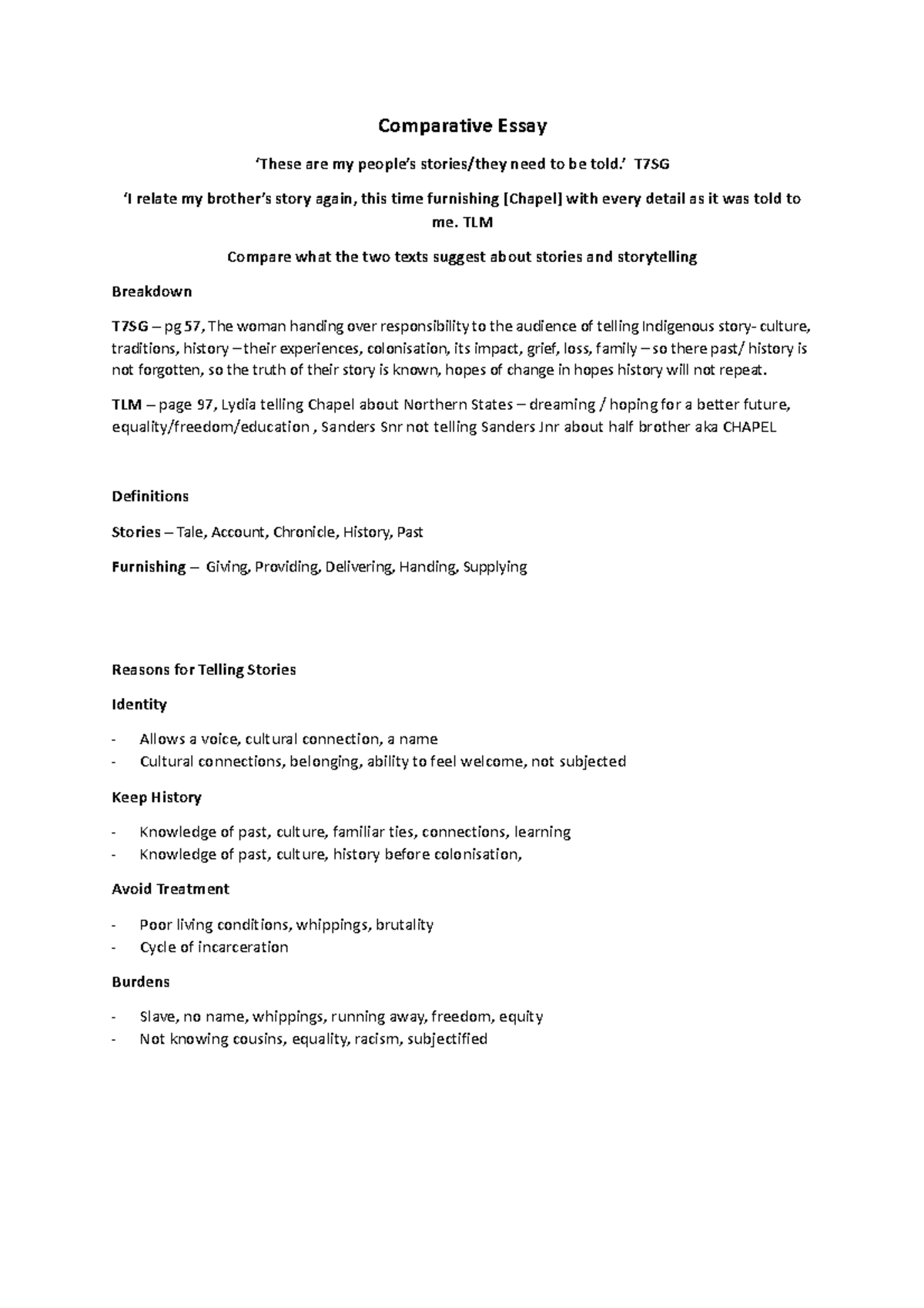 Comparative TLM and T7SG - stories and Story Telling - Comparative ...