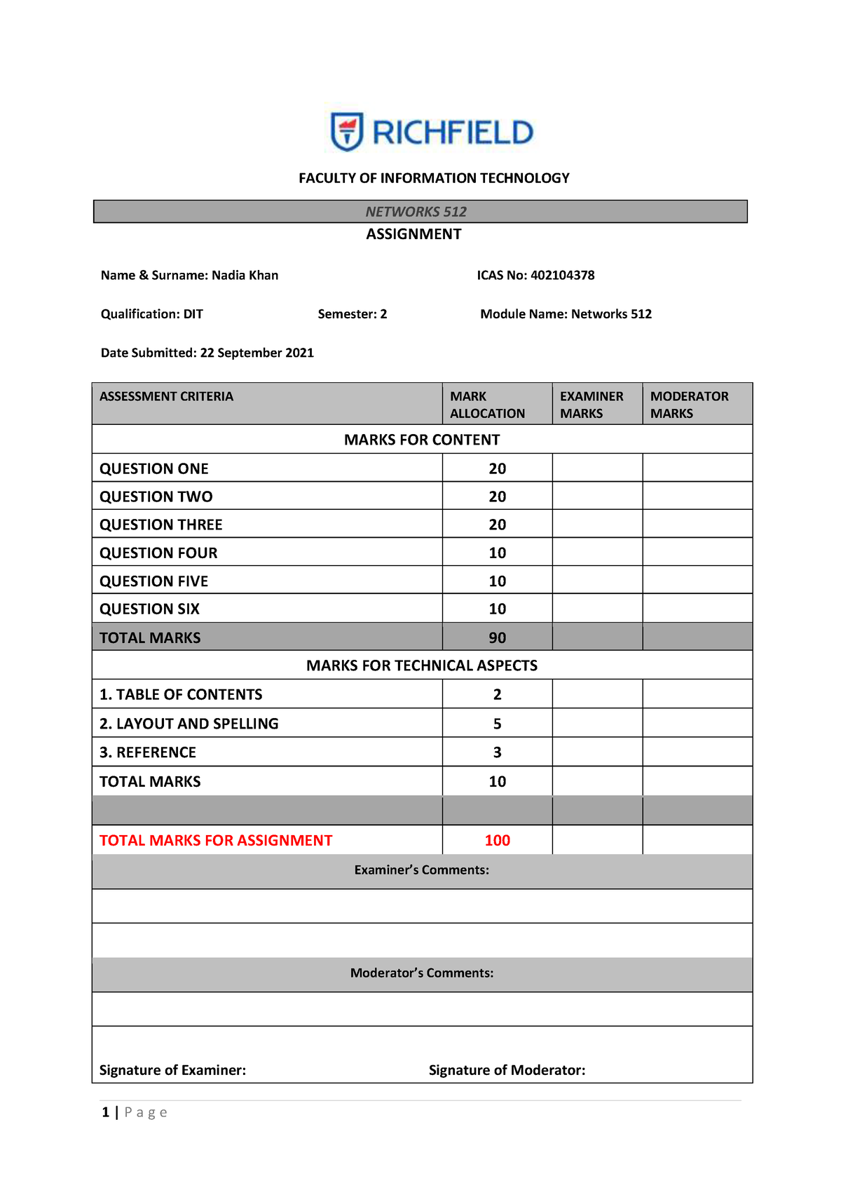 Networks 512 final complete Ass 402104378 - Richfield - Studocu