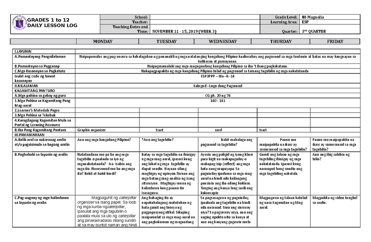 DLL ESP 3 Q3 W3 - Detailed Lesson Plan in ESP - GRADES 1 to 12 DAILY ...