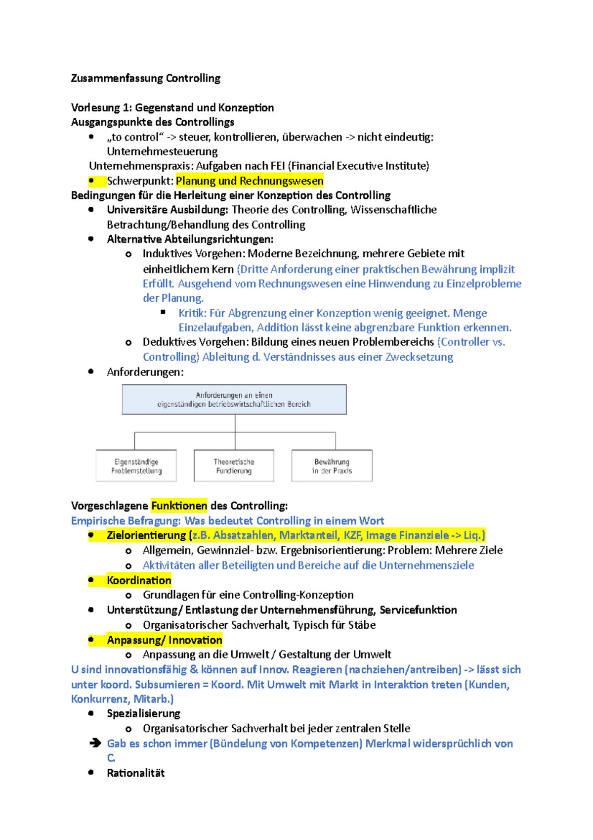 Zusammenfassung Controlling - Zusammenfassung Controlling Vorlesung 1 ...