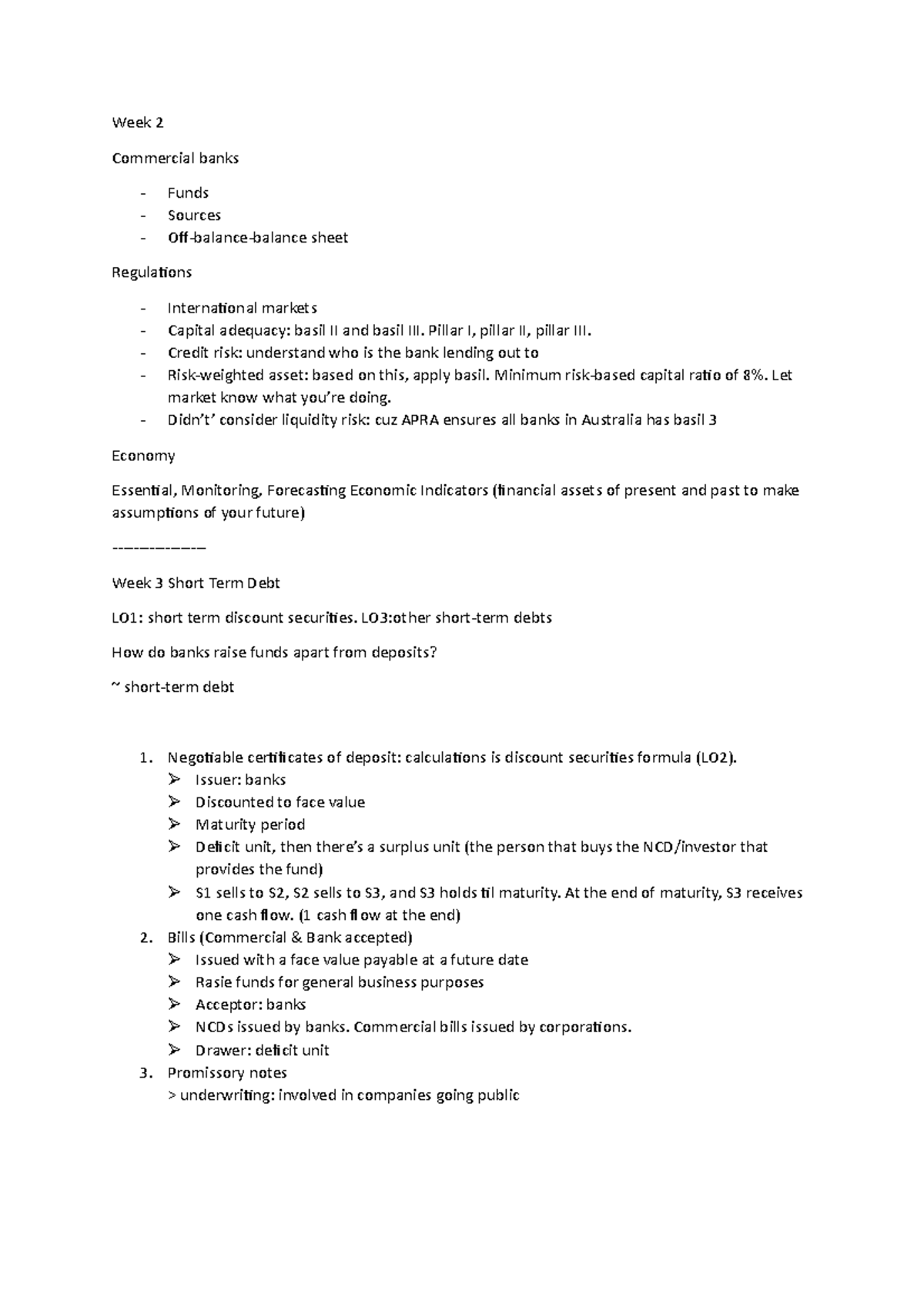 Notes - Week 2 Commercial banks - Funds - Sources - Off-balance-balance ...
